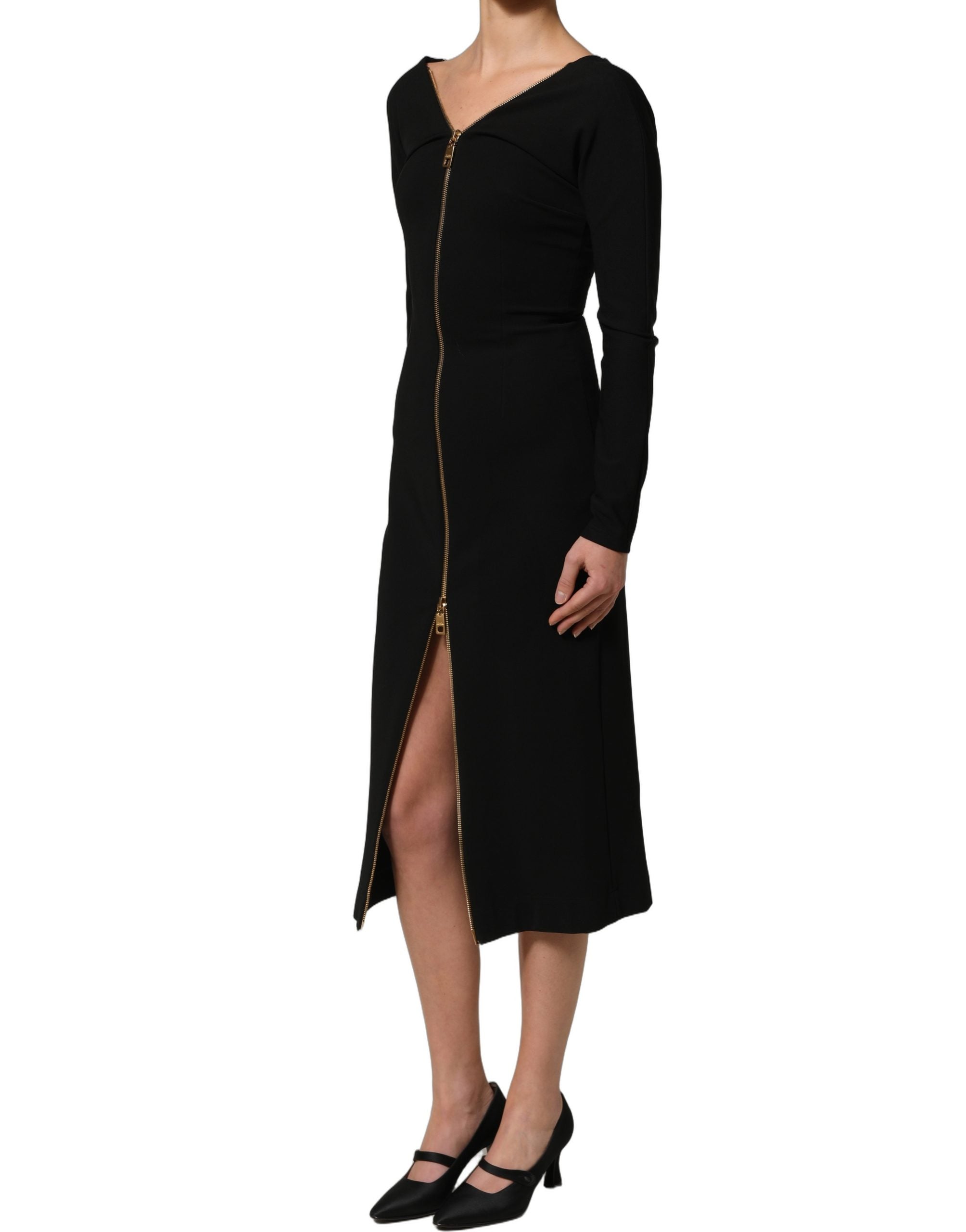 Robe midi noire Dolce & Gabbana à manches longues avec zip frontal, style élégant et sophistiqué.