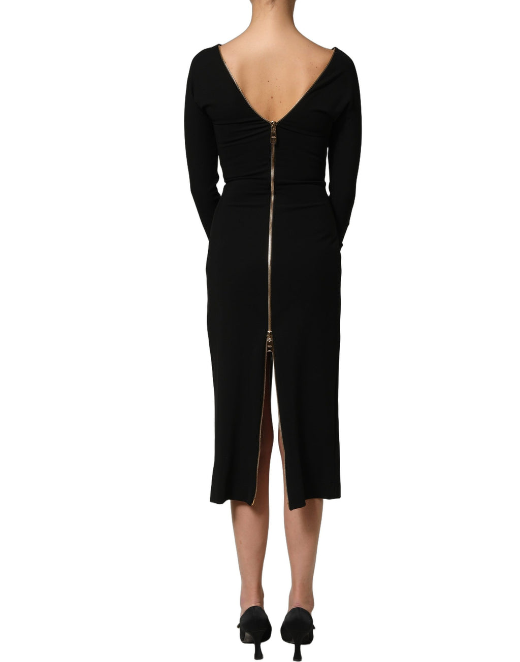 Robe midi noire Dolce & Gabbana à manches longues avec fermeture éclair frontale, élégante et sophistiquée.