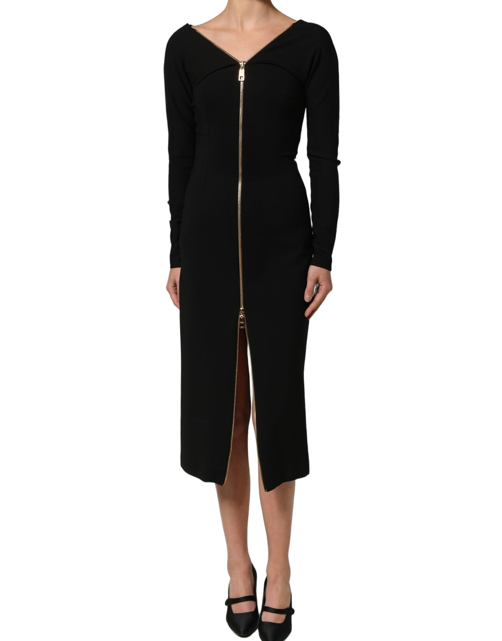 Robe midi noire à manches longues avec fermeture éclair frontale de Dolce & Gabbana, élégante et moderne.