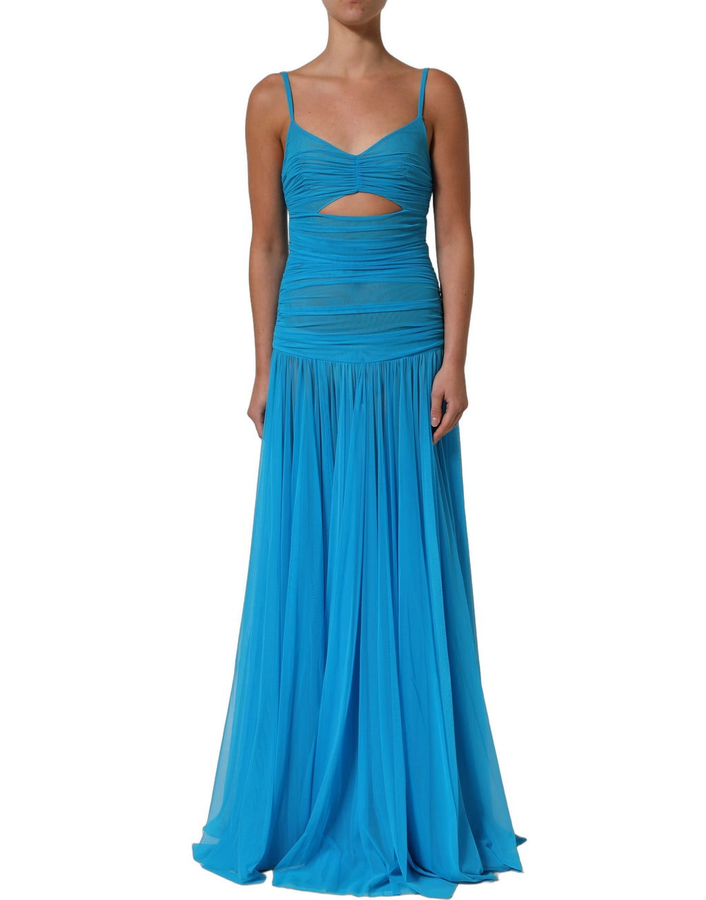 Robe longue en nylon bleu plissé en chiffon avec découpes de Dolce & Gabbana, élégante et sophistiquée.
