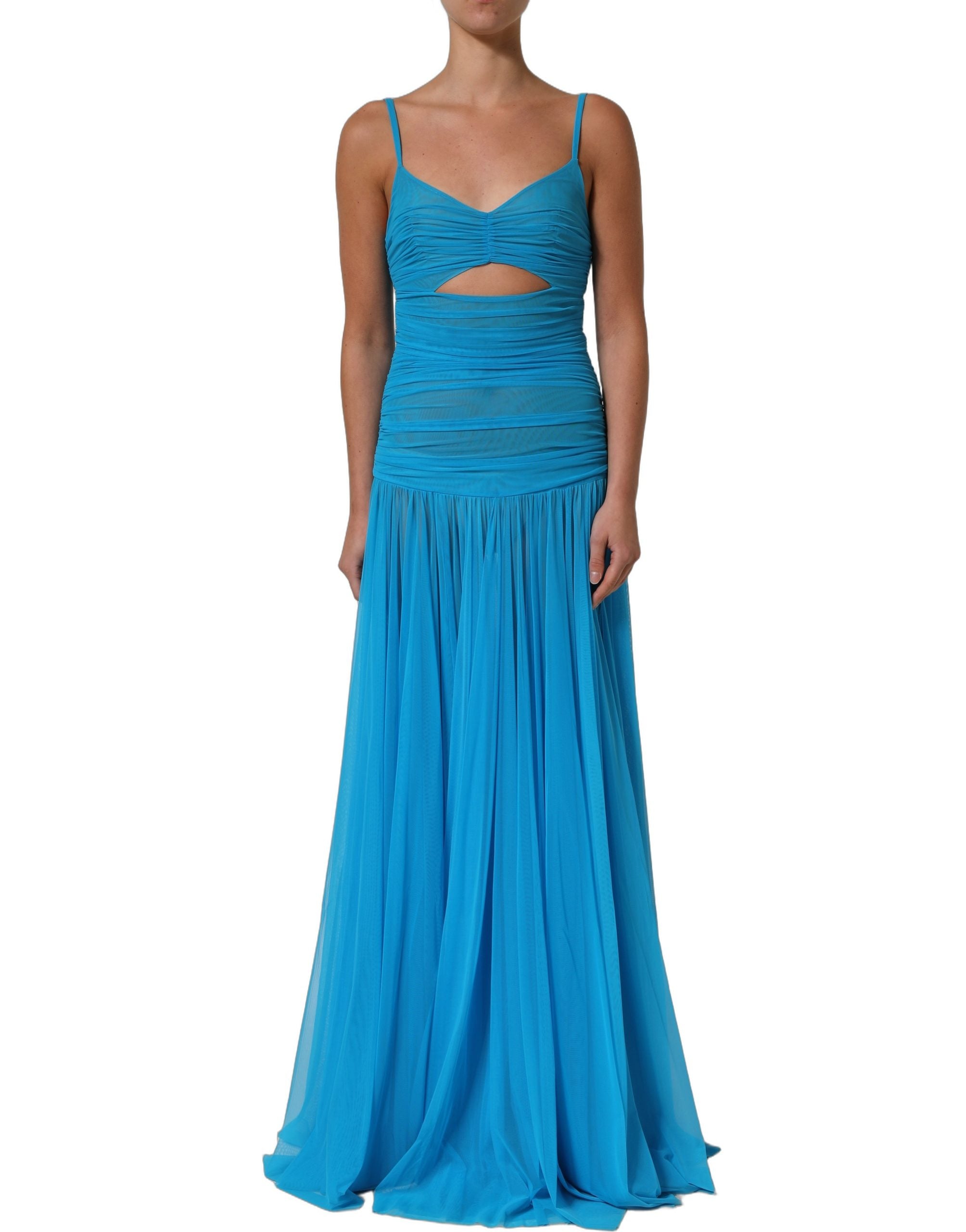Robe longue en nylon bleu de Dolce & Gabbana avec plis en chiffon, découpes élégantes et style sophistiqué.