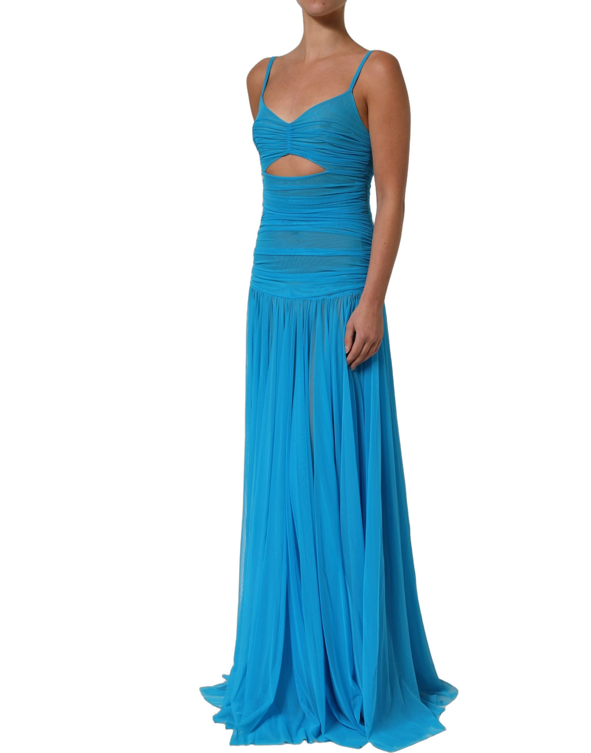 Robe longue en nylon bleu avec plis en chiffon et découpes, conçue par Dolce & Gabbana.