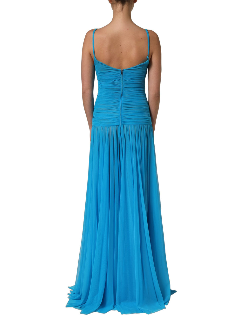 Robe longue en nylon bleu avec plis en chiffon et découpes, conçu par Dolce & Gabbana.