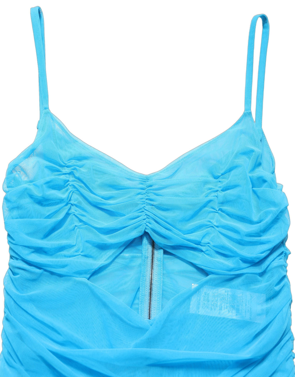Robe longue en nylon bleu plissé en chiffon avec découpes, design Dolce & Gabbana, élégante et sophistiquée.