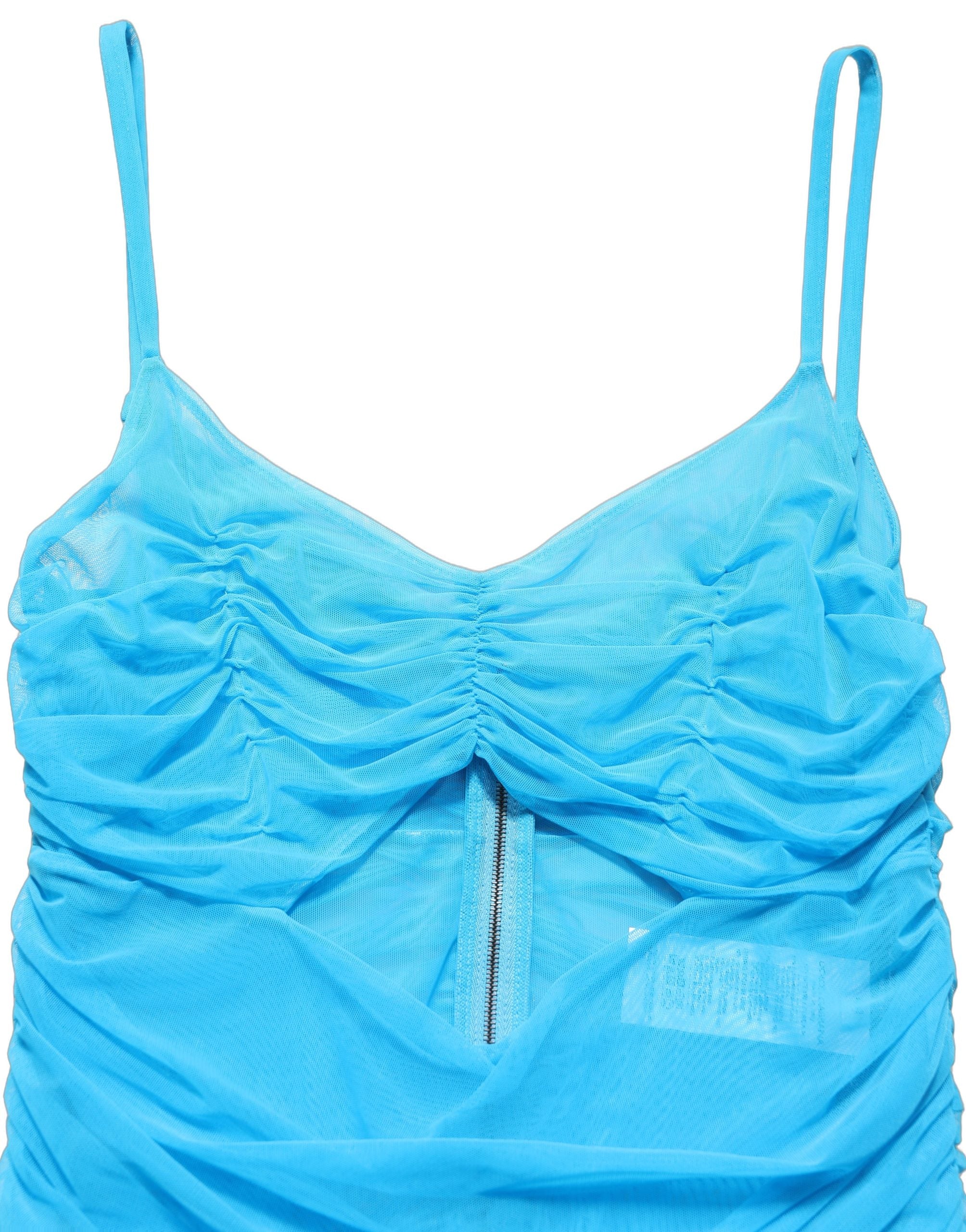 Robe longue en nylon bleu plissé en chiffon avec découpes, design Dolce & Gabbana, élégante et sophistiquée.