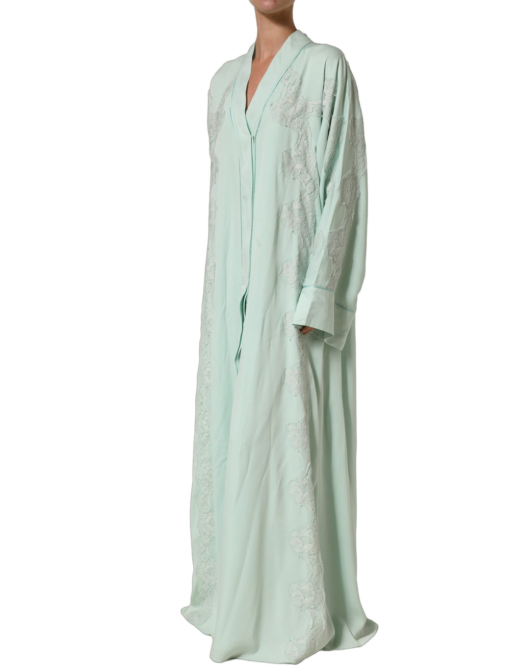 Robe maxi en soie verte menthe Dolce & Gabbana avec dentelle, longue et élégante, adaptée pour occasions formelles.