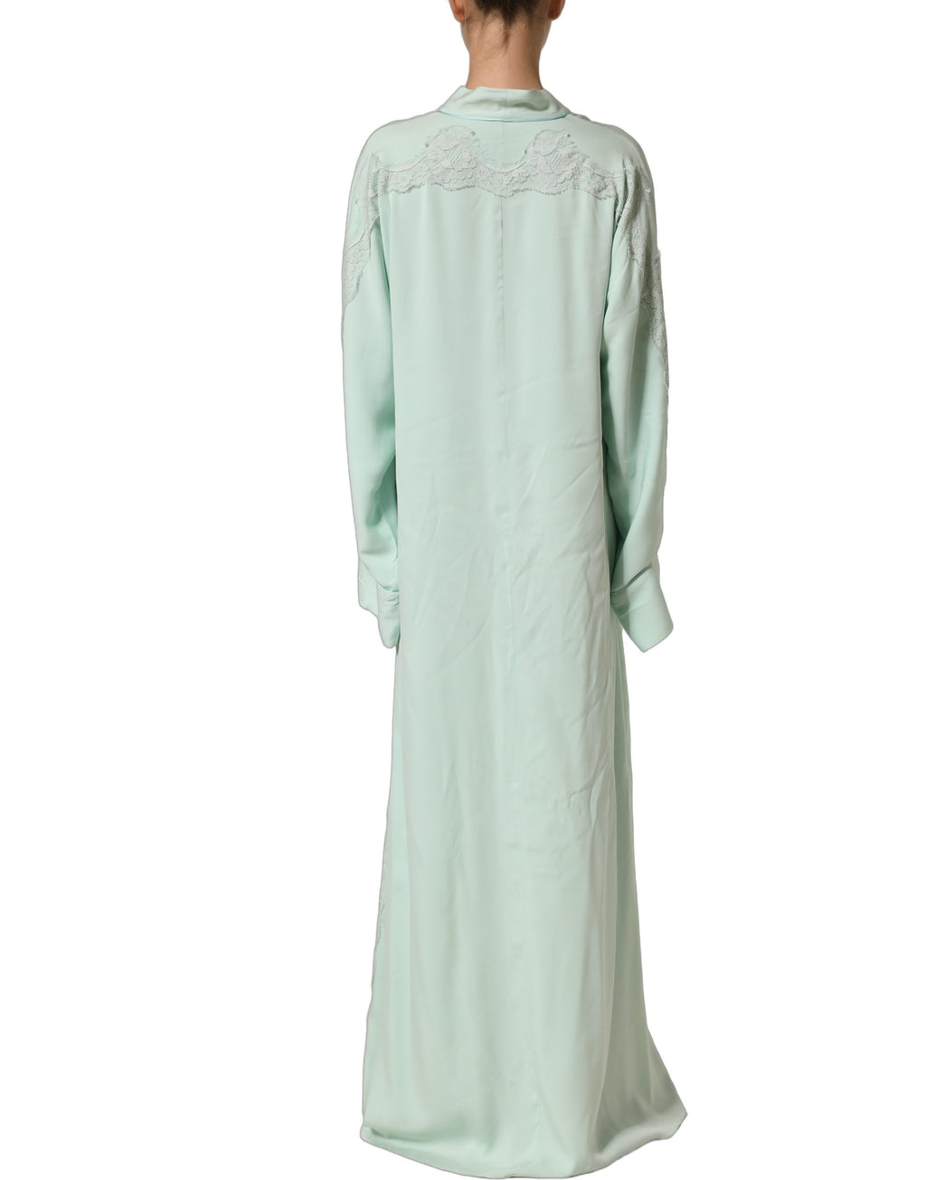Robe longue abaya en soie vert menthe avec broderie en dentelle Dolce & Gabbana, élégante et fluide.