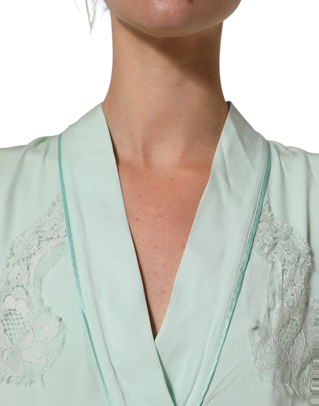 Robe maxi en soie vert menthe Dolce & Gabbana avec broderie en dentelle et design élégant, vue de face.