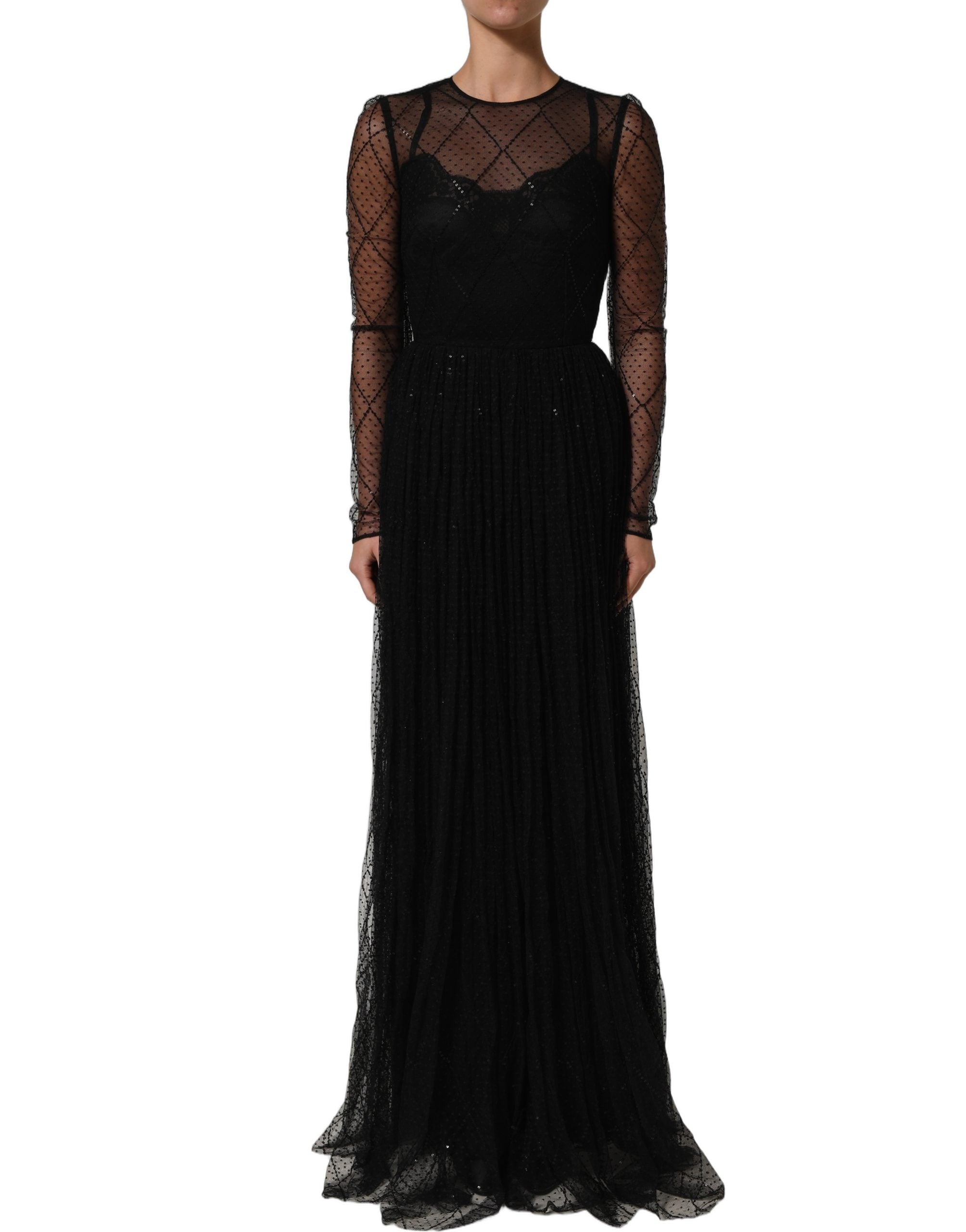 Robe longue noire en dentelle et mesh Dolce & Gabbana avec manches longues et coupe élégante.