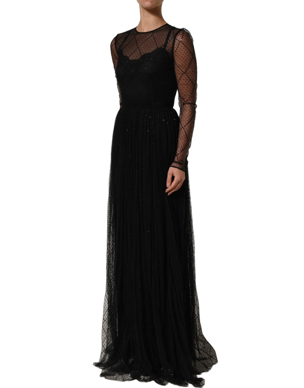 Robe longue en dentelle et mesh noir de Dolce & Gabbana avec manches longues et coupe élégante.