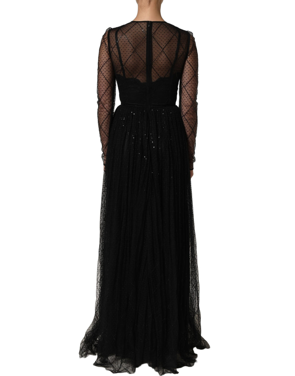 Robe longue Dolce & Gabbana en dentelle noire en mesh avec manches longues, style maxi élégant et sophistiqué.
