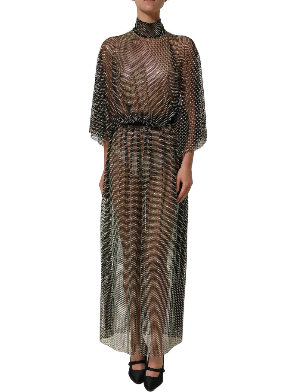 Robe longue noire en mesh à strass avec col roulé, design élégant de Dolce & Gabbana, vêtement de soirée sophistiqué
