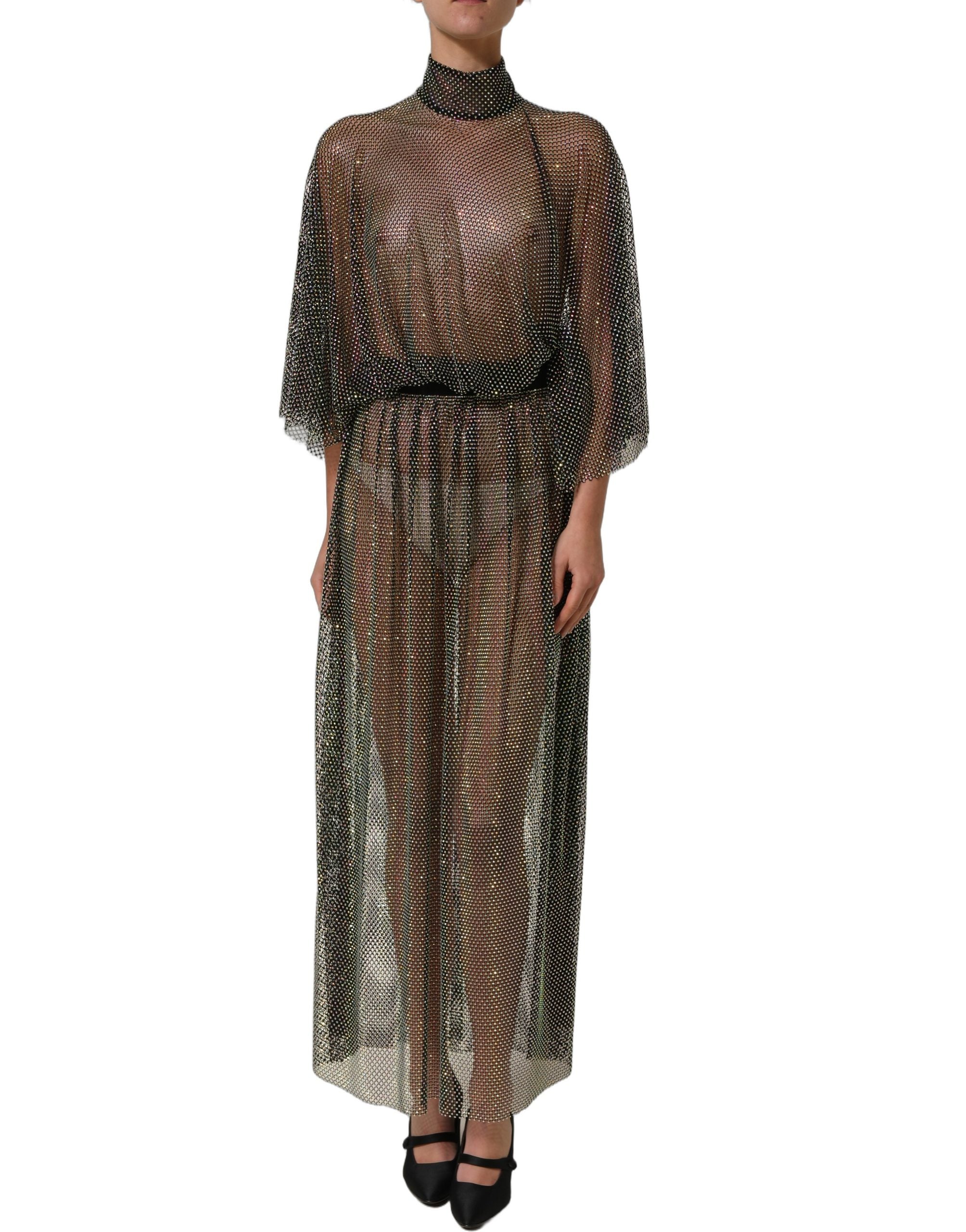 Robe longue noire en mesh à strass avec col roulé, design élégant de Dolce & Gabbana, vêtement de soirée sophistiqué