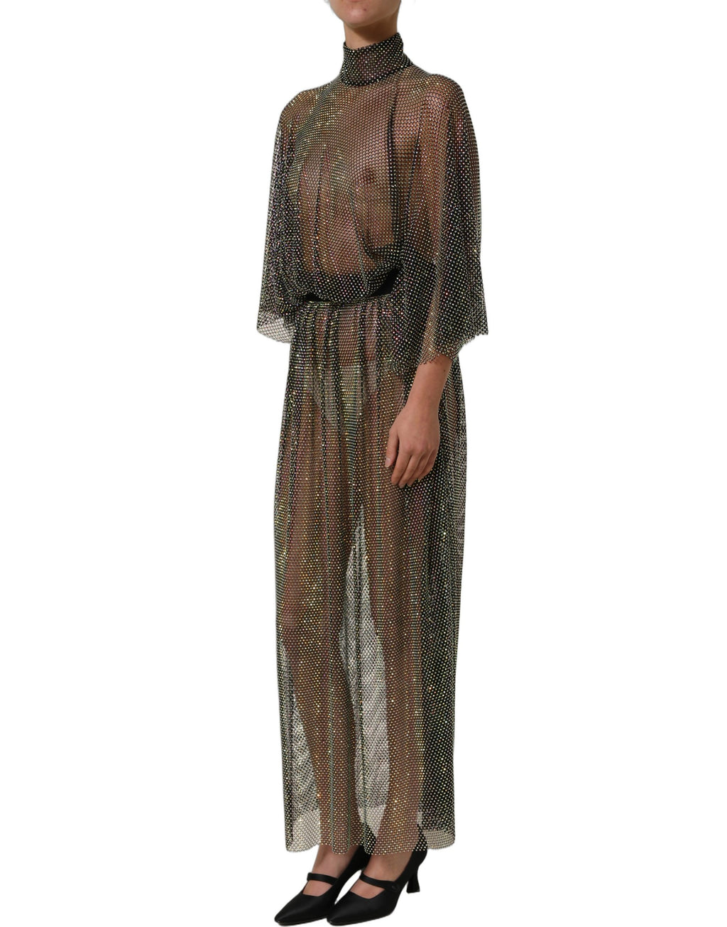 Robe maxi en maille noire Dolce & Gabbana avec col roulé et détails en strass, élégante et sophistiquée.