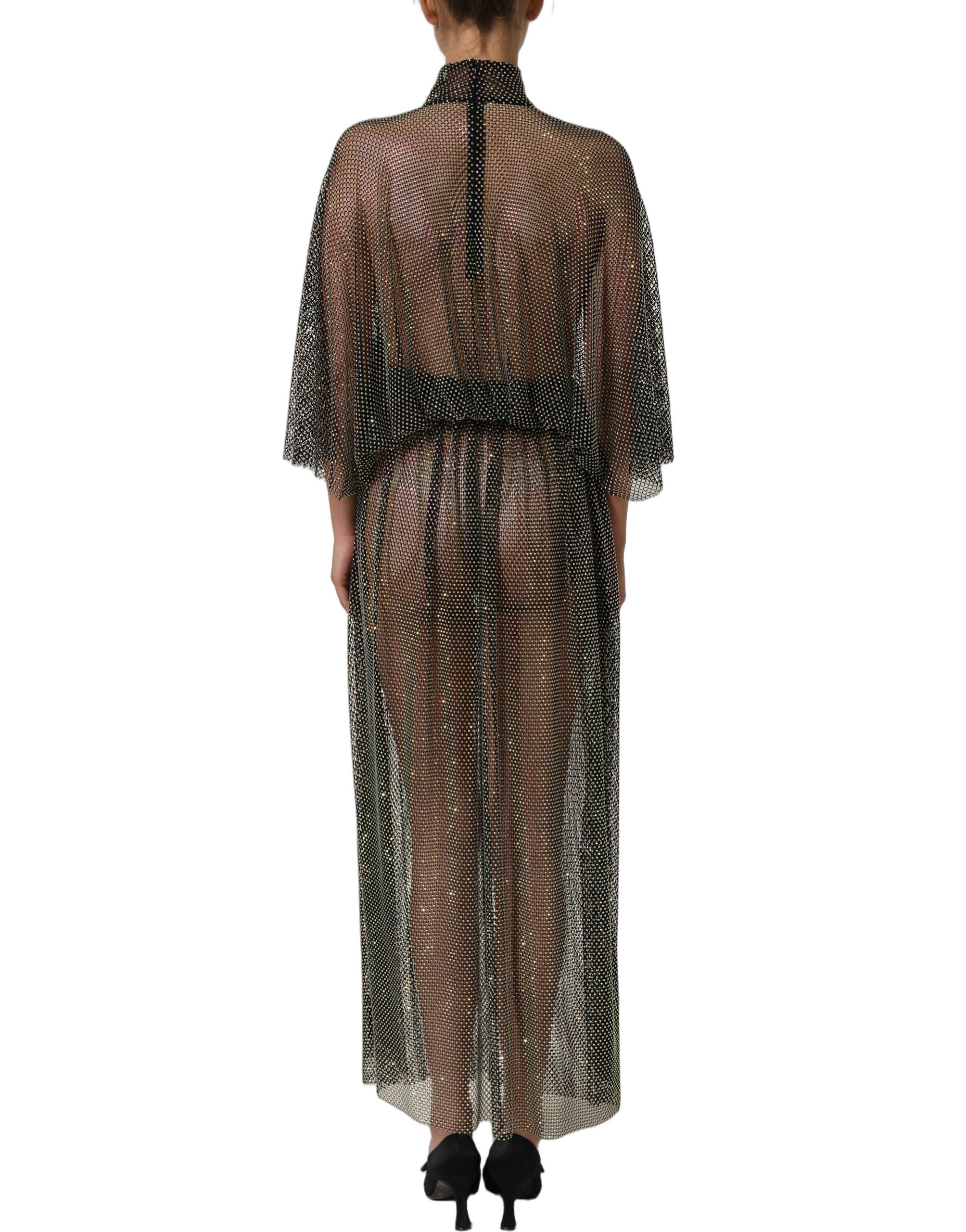 Robe longue noire Dolce & Gabbana en dentelle à strass, col roulé en mesh, élégante et sophistiquée.