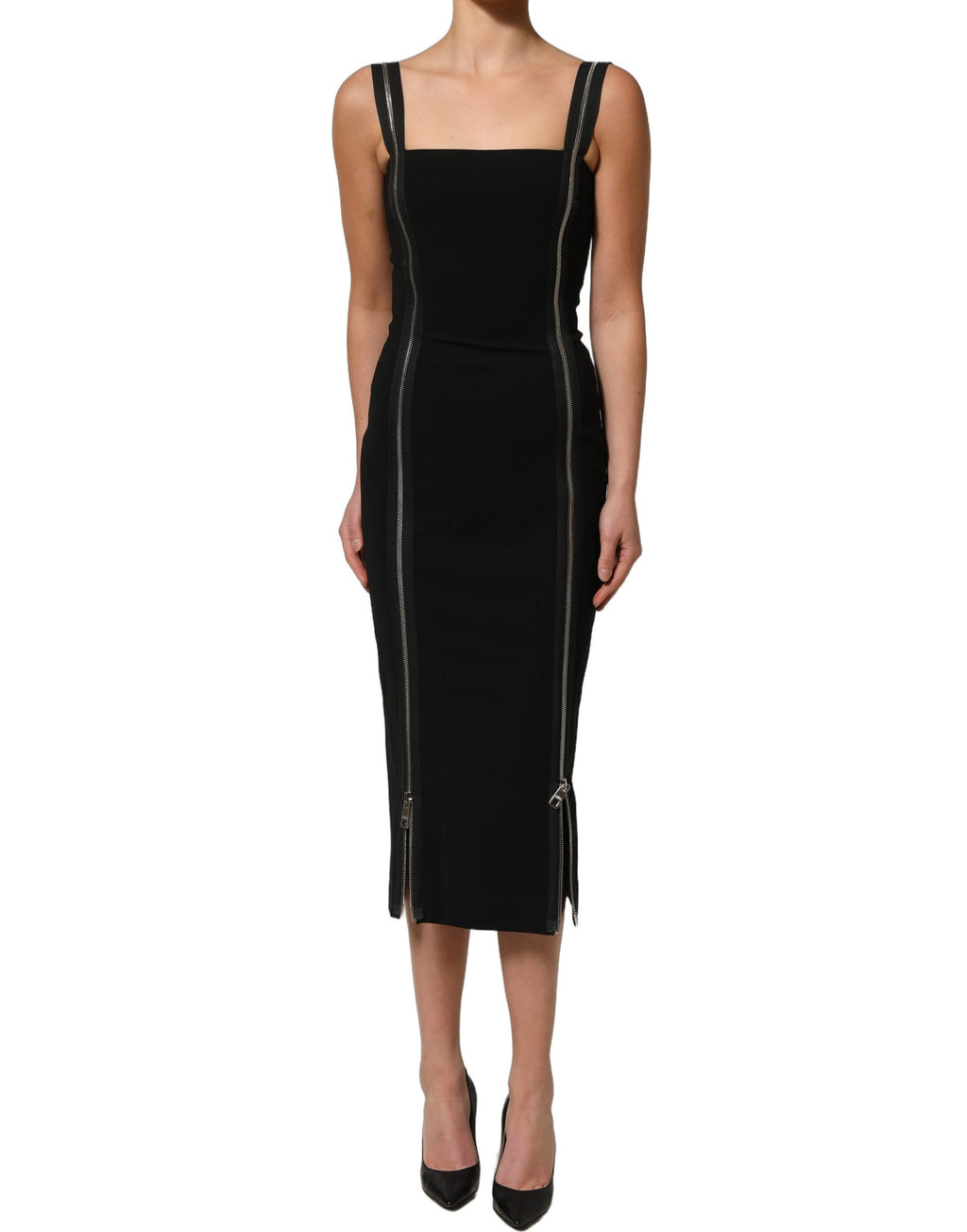 Robe midi noire sans manches de Dolce & Gabbana avec zip frontal, élégante et ajustée, parfaite pour une tenue sophistiquée.