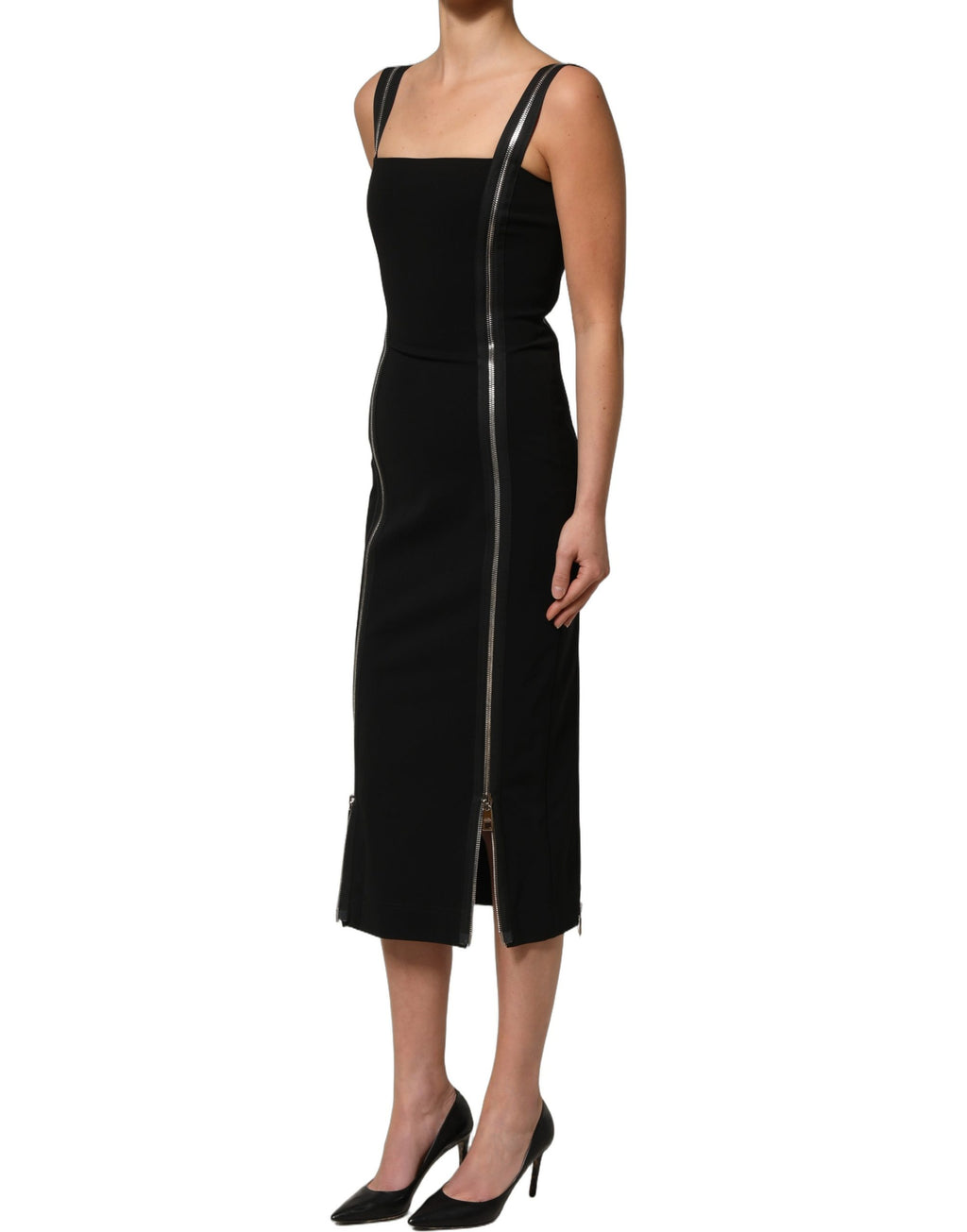 Robe midi sans manches noire Dolce & Gabbana avec fermeture éclair frontale et coupe élégante, vue de face.