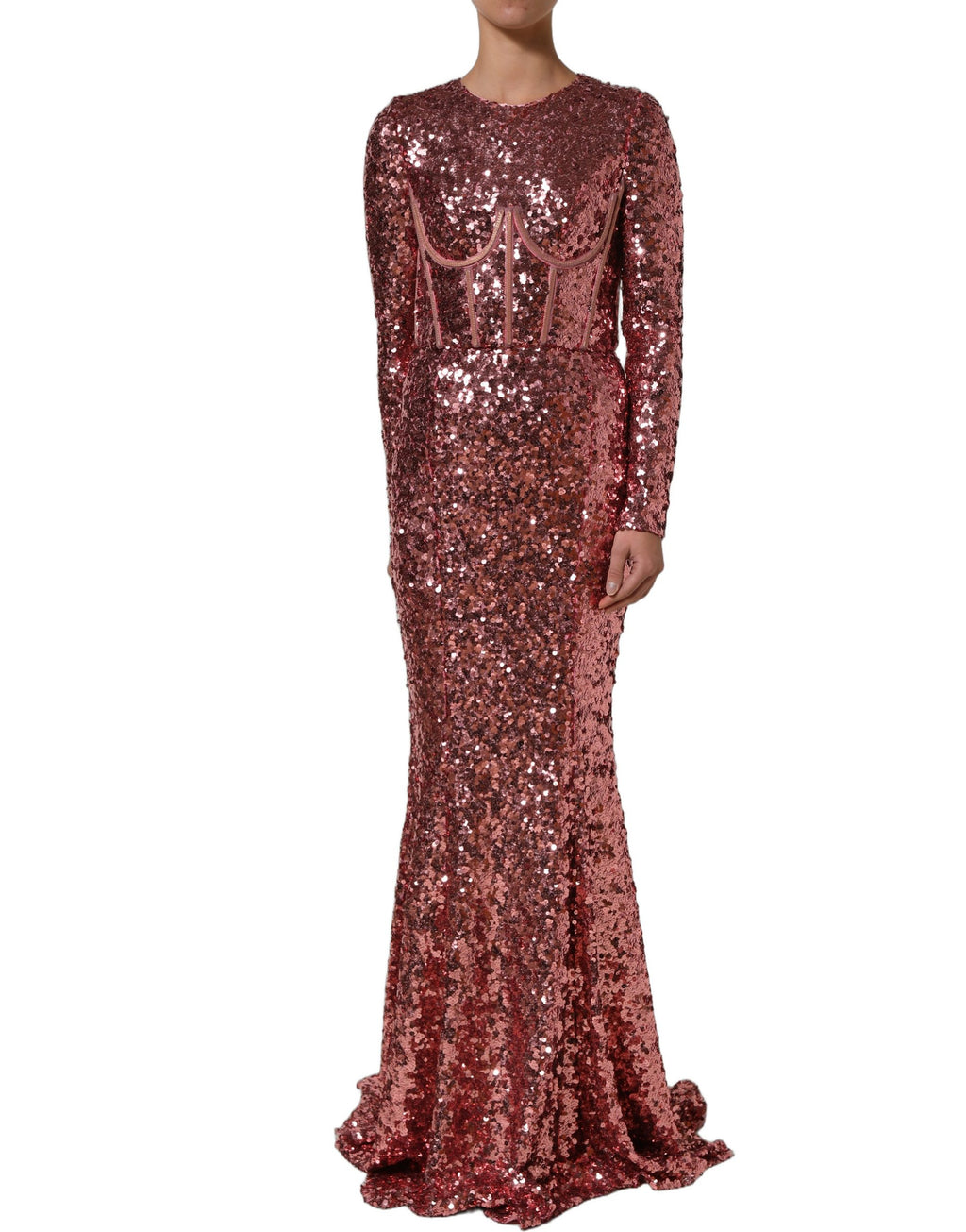 Robe longue rose Dolce & Gabbana à sequins et détails de corset, élégante et sophistiquée.