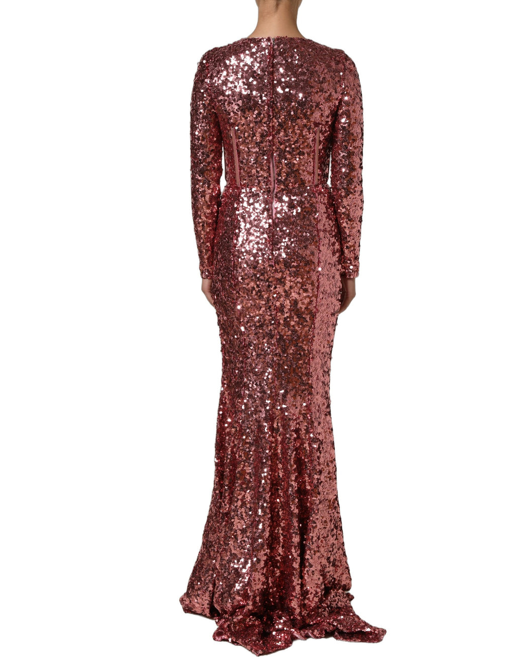 Robe longue rose Dolce & Gabbana avec corset à sequins détaillé, élégante et sophistiquée, vue de face.