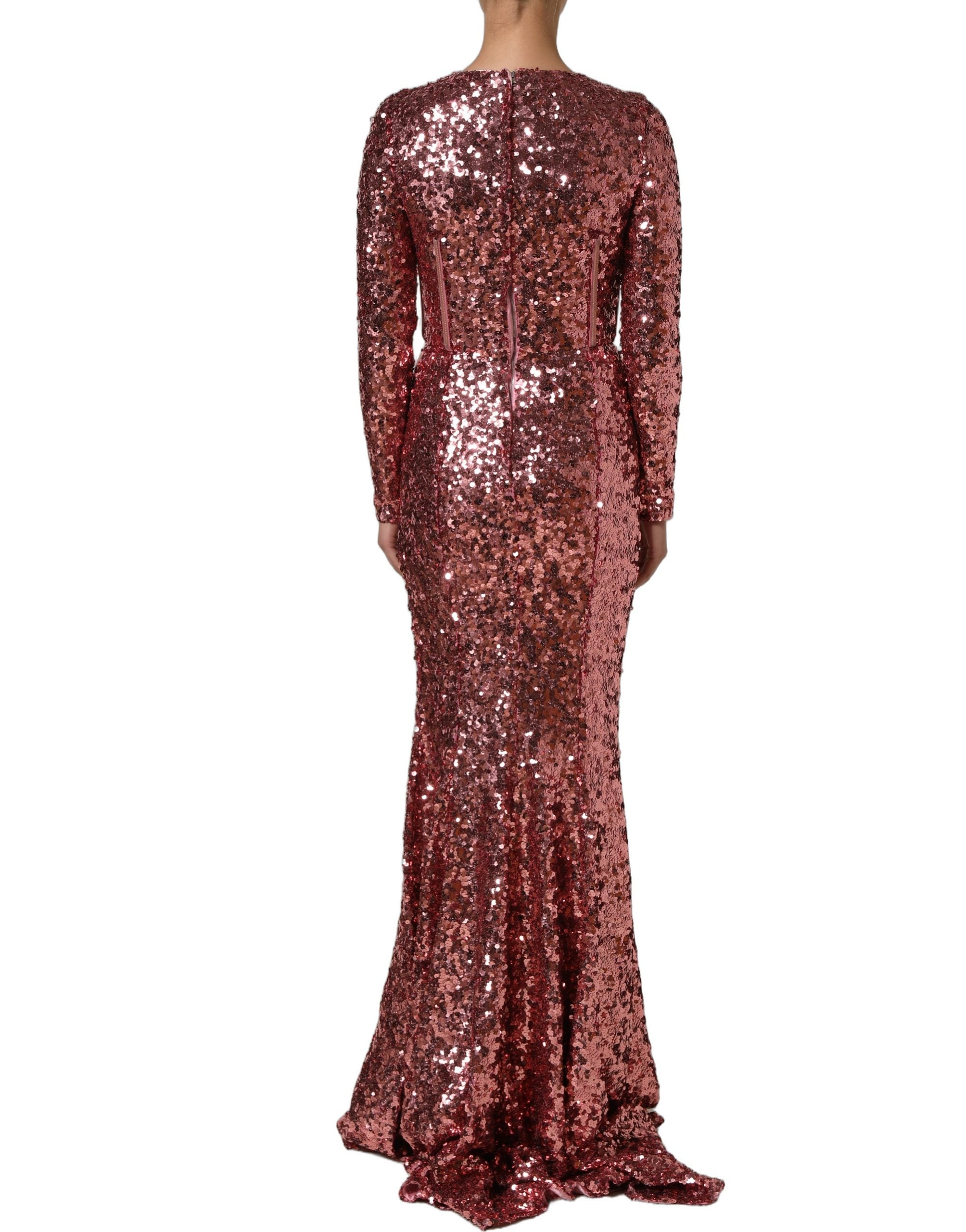 Robe longue rose Dolce & Gabbana avec corset à sequins détaillé, élégante et sophistiquée, vue de face.
