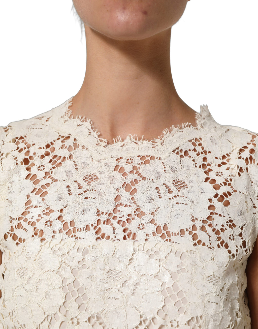 Robe midi sans manches en coton blanc avec dentelle à cordon, Dolce & Gabbana, élégante et raffinée.