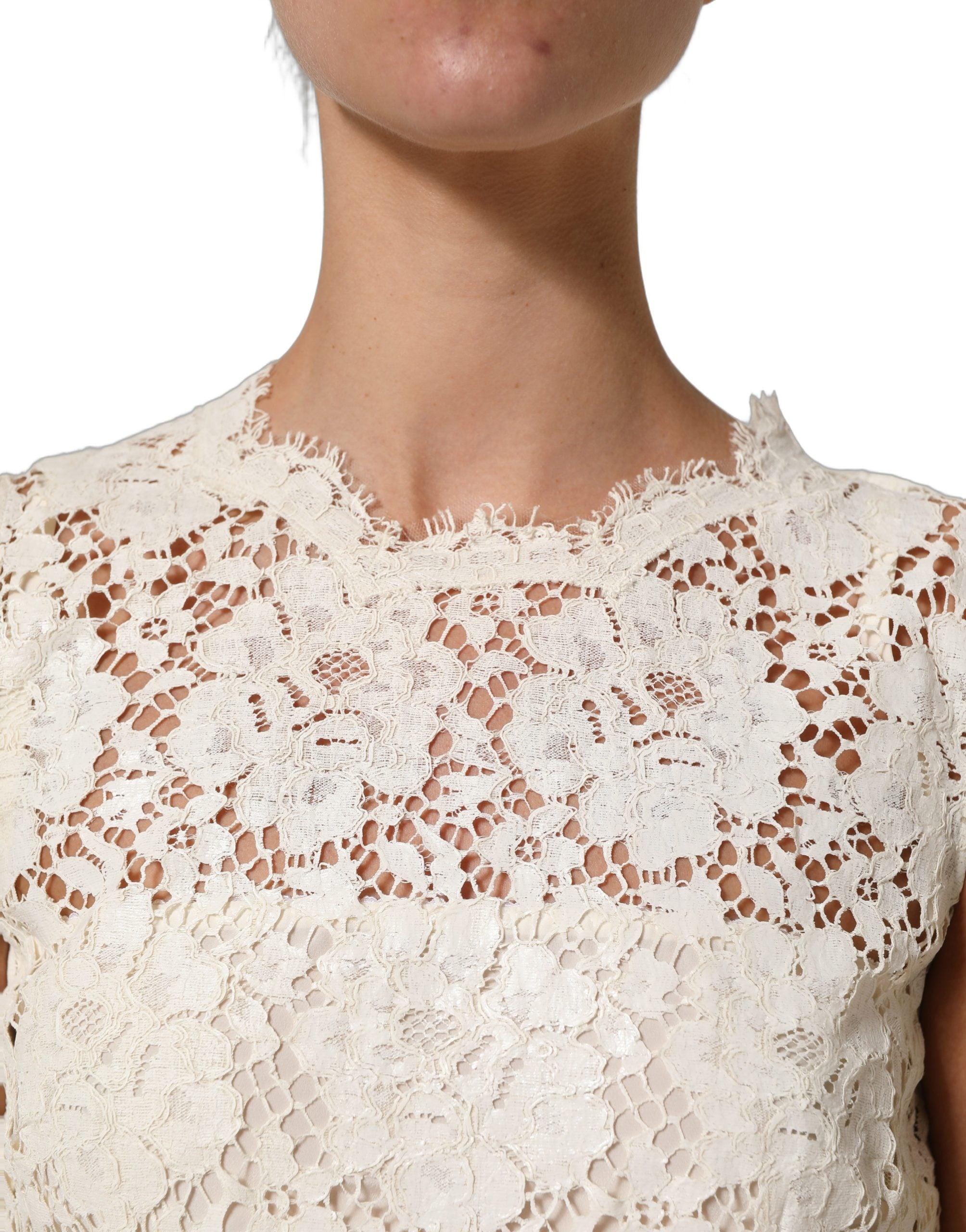 Robe midi sans manches en coton blanc avec dentelle à cordon, Dolce & Gabbana, élégante et raffinée.