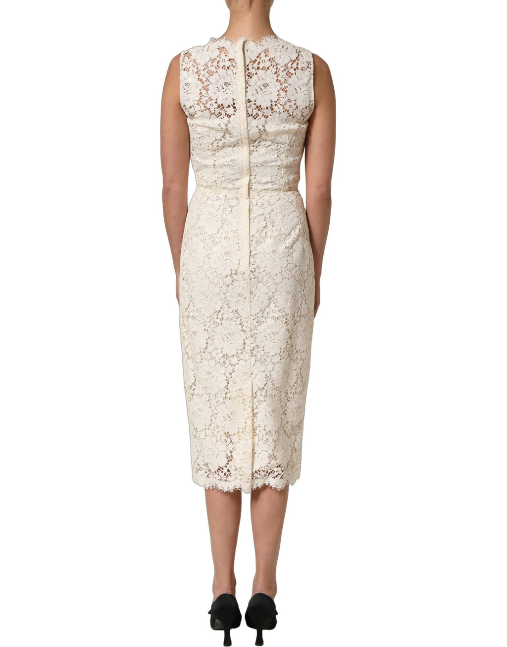 Robe midi sans manches en coton blanc avec dentelle à cordon de Dolce & Gabbana, élégante et sophistiquée.