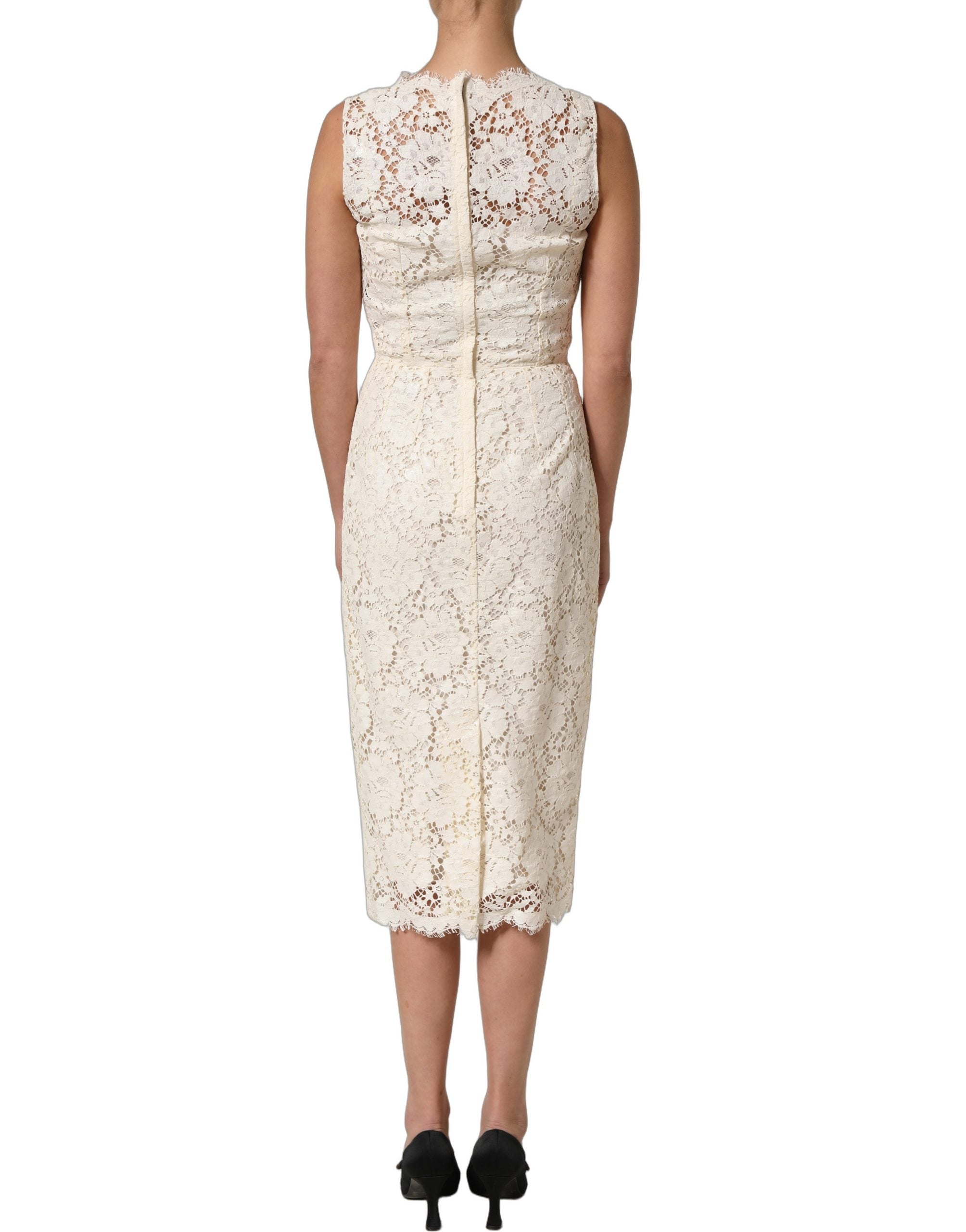 Robe midi sans manches en coton blanc avec dentelle à cordon de Dolce & Gabbana, élégante et sophistiquée.