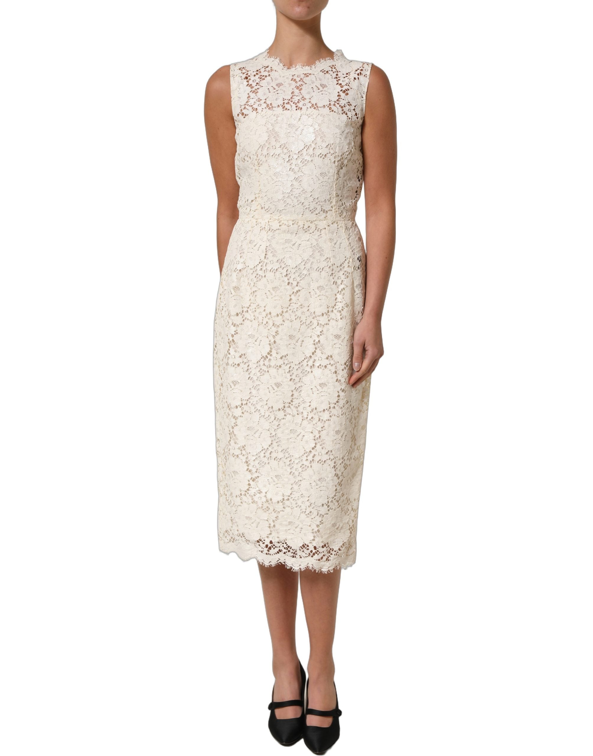 Robe midi sans manches en coton blanc avec dentelle en cordon de Dolce & Gabbana, élégante et raffinée.