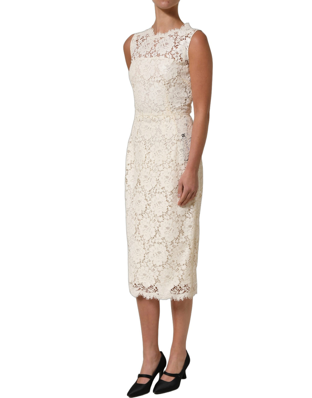 Robe midi sans manches en coton blanc avec dentelle à cordons de Dolce & Gabbana, élégante et raffinée.