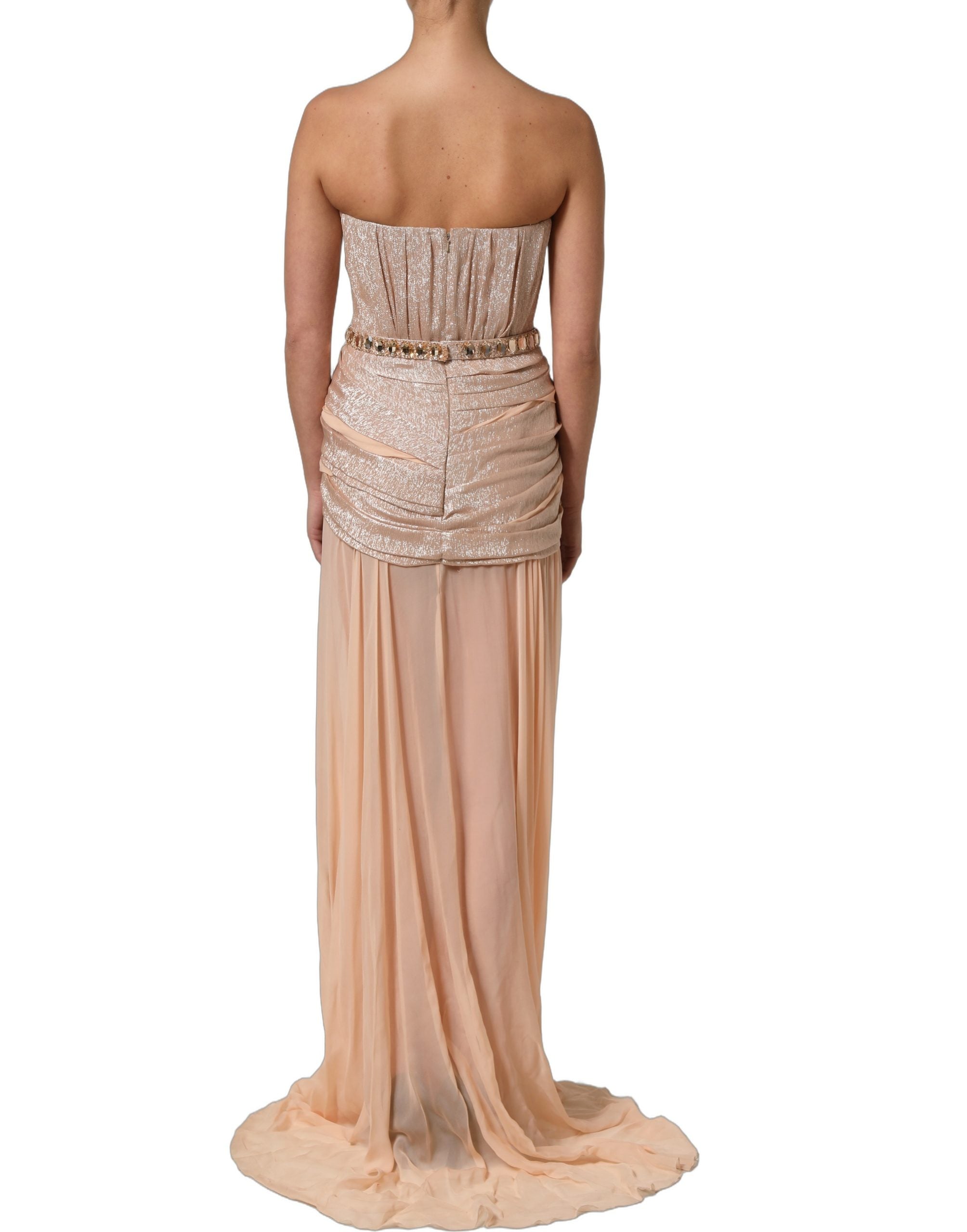 Robe de soirée bustier nude Dolce & Gabbana ornée de embellissements élégants, visible en détail sur l'image.
