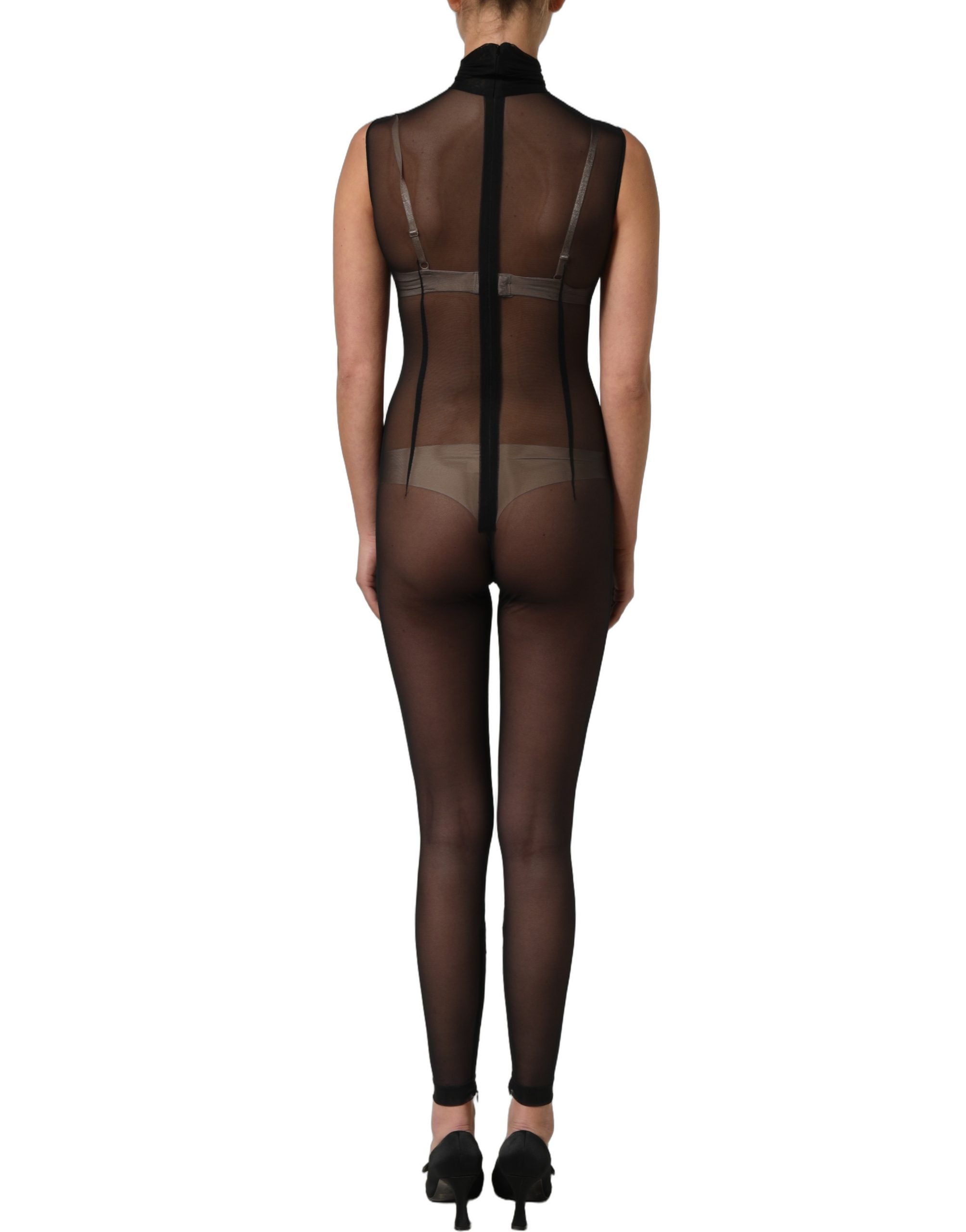 Combinaison en résille noire Dolce & Gabbana avec col roulé en tissu transparent, élégante et ajustée.