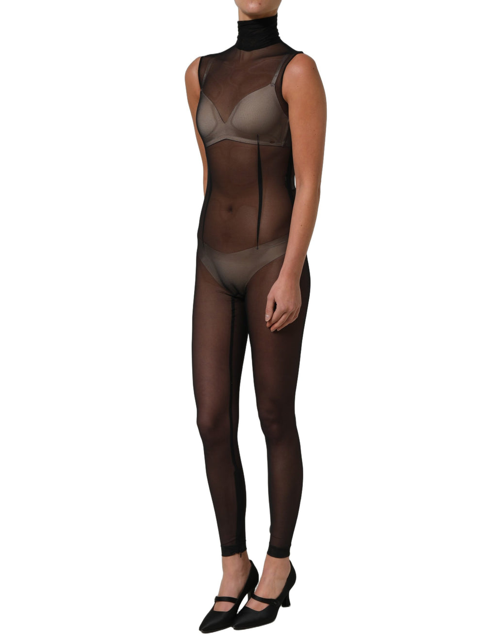 Combinaison noire en mesh transparent Dolce & Gabbana avec col roulé, élégante et ajustée, pour un look sophistiqué.