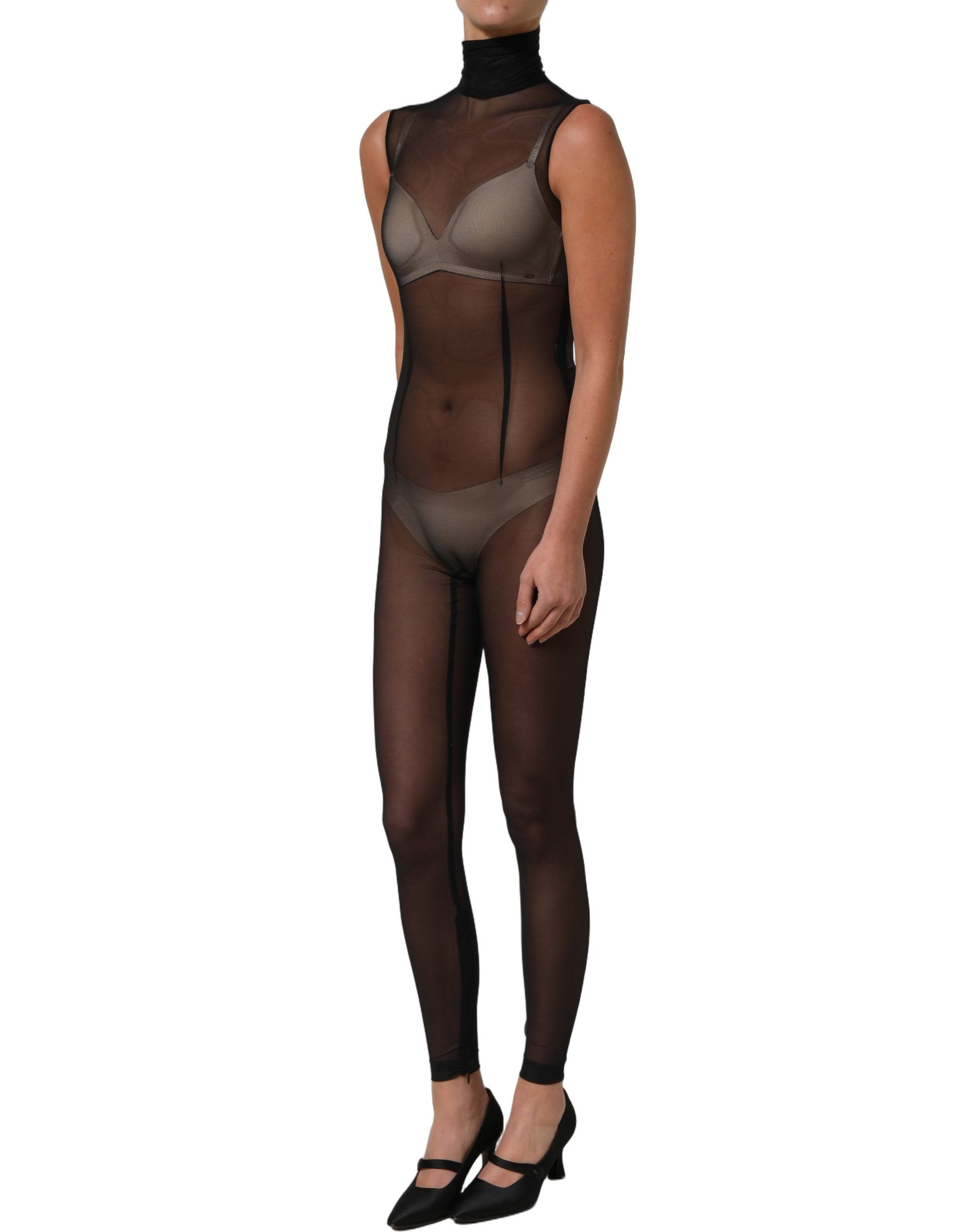 Combinaison noire en mesh transparent Dolce & Gabbana avec col roulé, élégante et ajustée, pour un look sophistiqué.