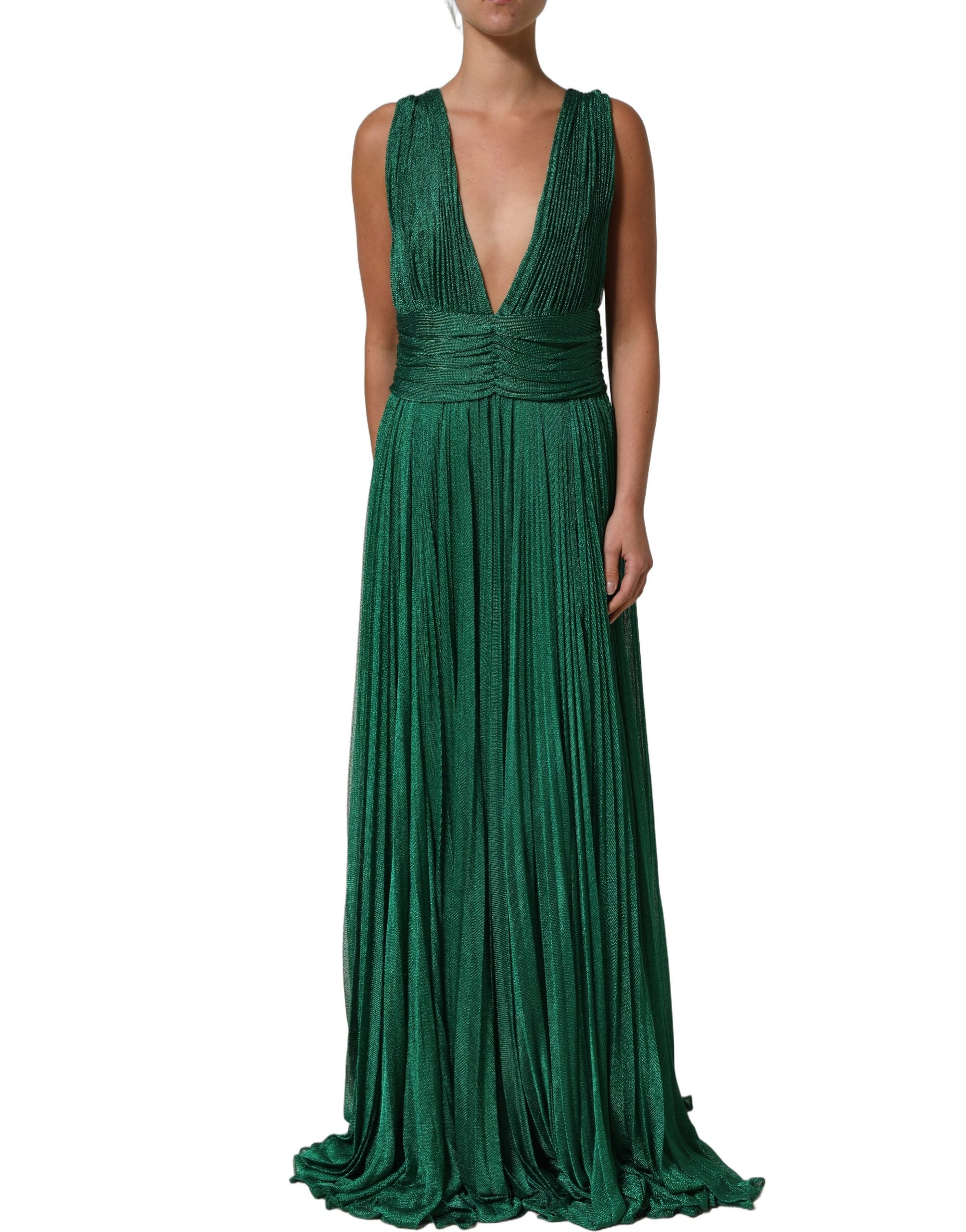 Robe plissée sans manches Dolce & Gabbana en métal vert brillant, élégante et fluide, avec un design sophistiqué.