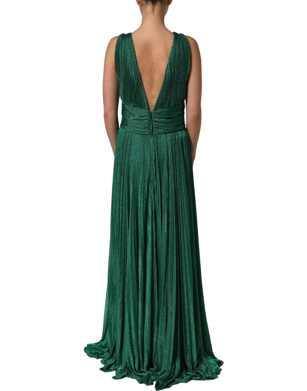 Robe plissée sans manches Dolce & Gabbana métallique vert, élégante et fluide, pour une occasion spéciale.