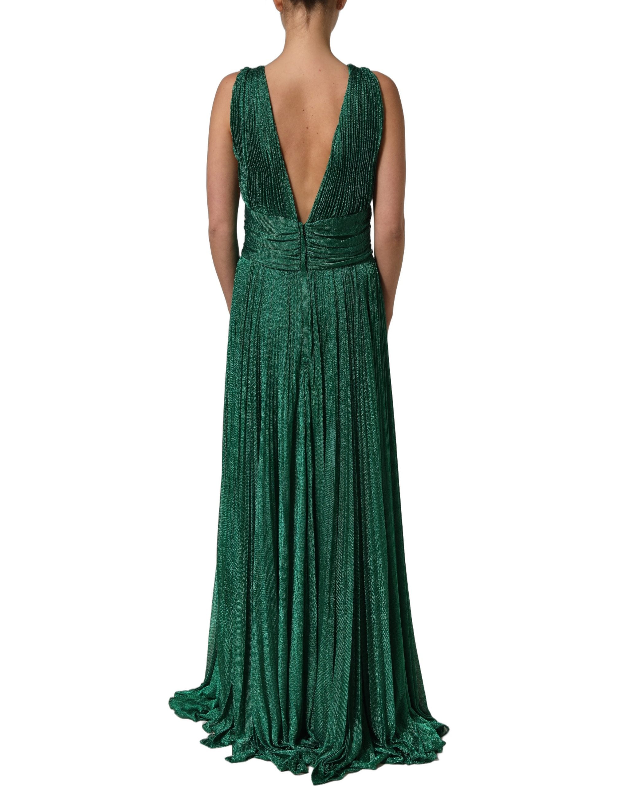 Robe plissée sans manches Dolce & Gabbana métallique vert, élégante et fluide, pour une occasion spéciale.