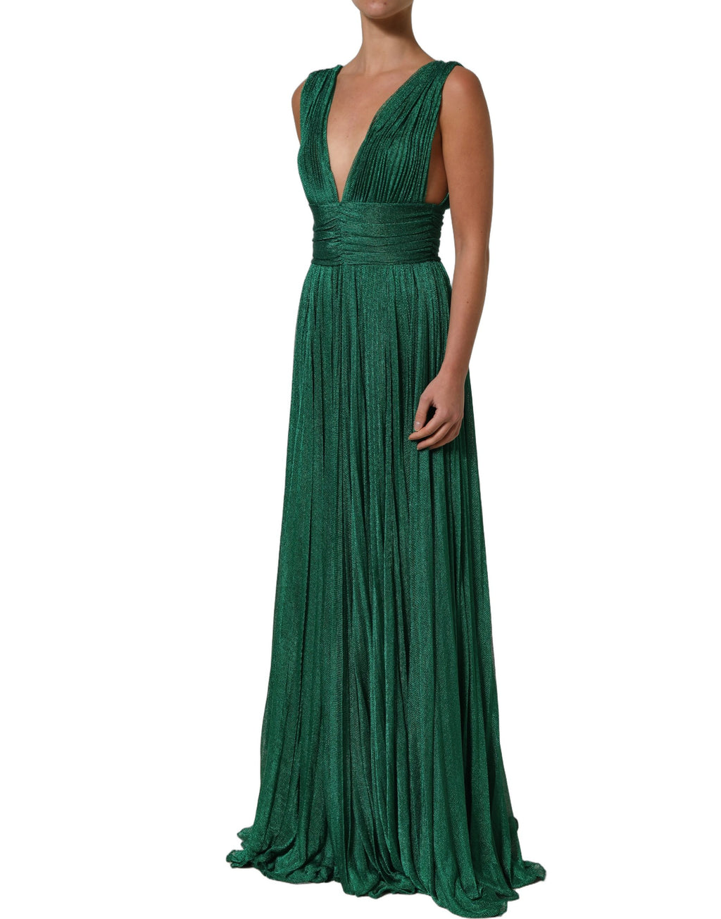 Robe plissée sans manches en métal vert de Dolce & Gabbana, robe longue élégante avec finition brillante.