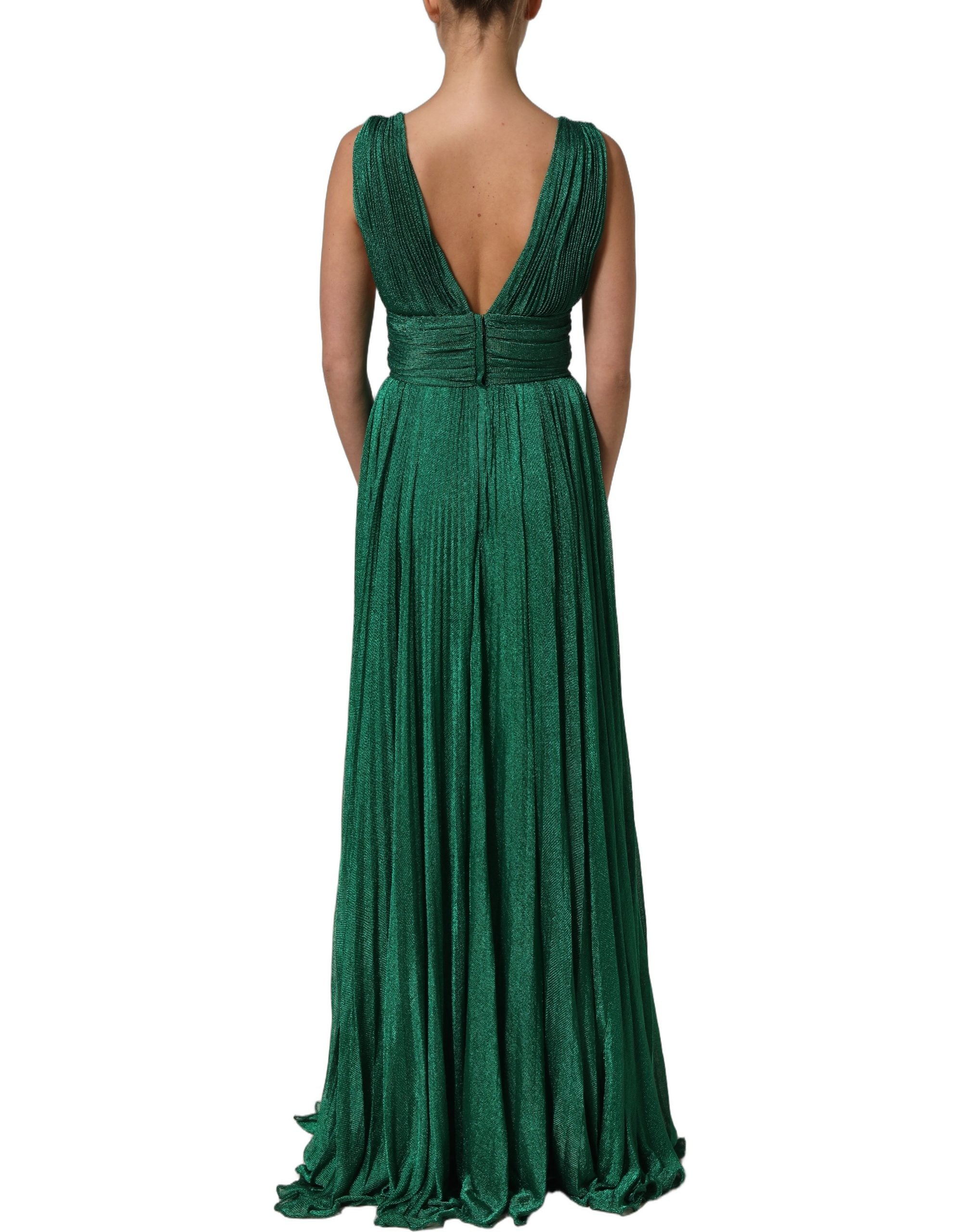 Robe sans manches plissée métallique verte Dolce & Gabbana, élégante et fluide, vue de face sur un fond neutre.