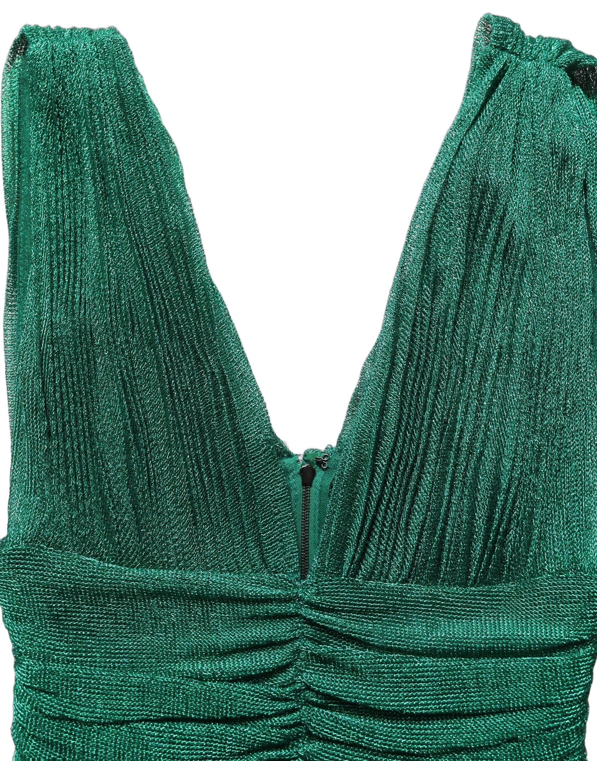 Robe longue sans manches Dolce & Gabbana en plissé métallique vert, élégante et fluide.