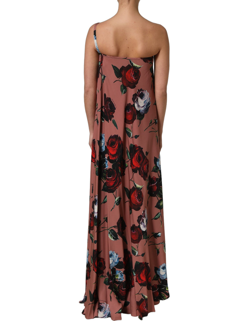 Robe longue à épaules dénudées en soie rose poussière avec motifs floraux, Dolce & Gabbana, vue de face.