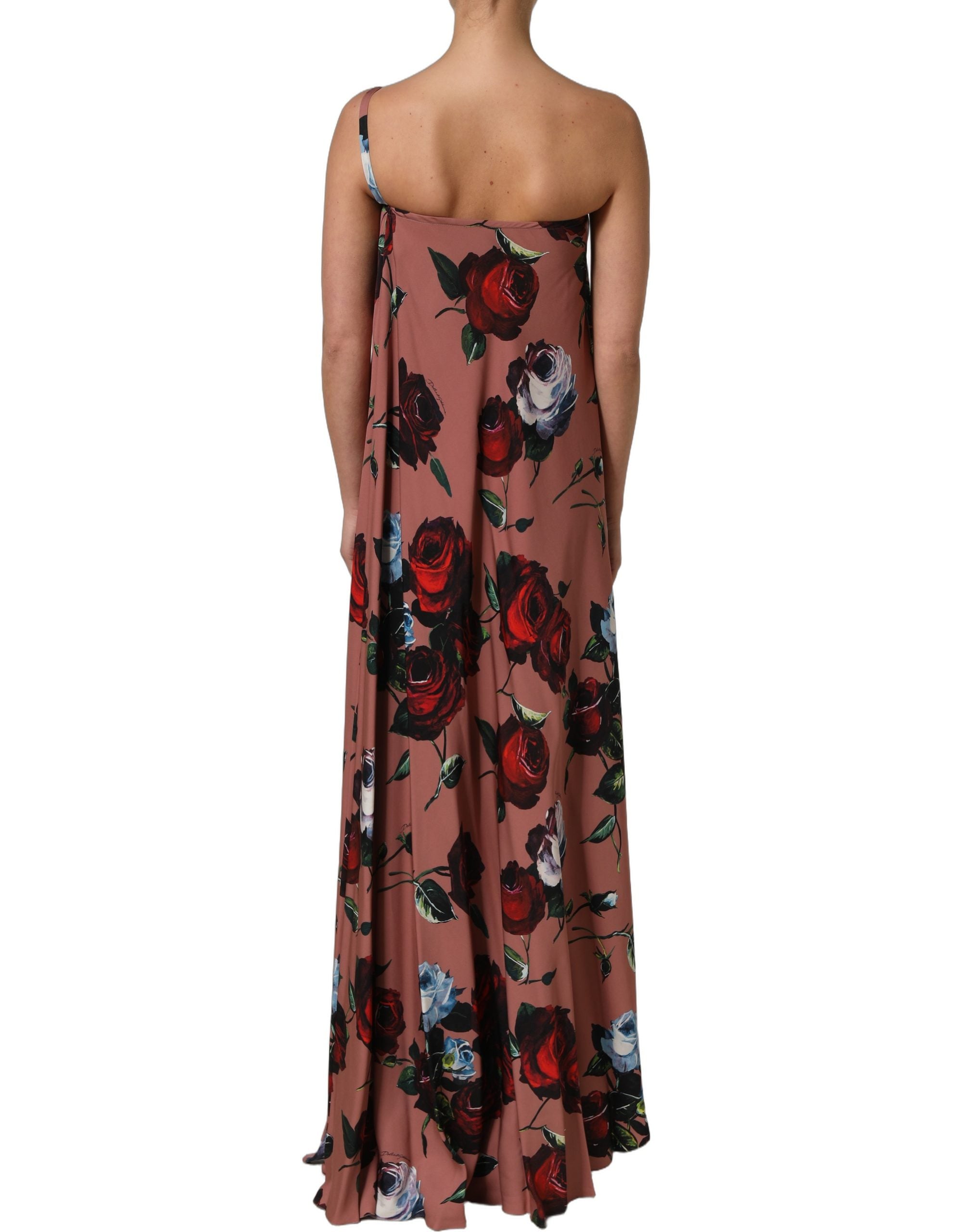 Robe longue à épaules dénudées en soie rose poussière avec motifs floraux, Dolce & Gabbana, vue de face.