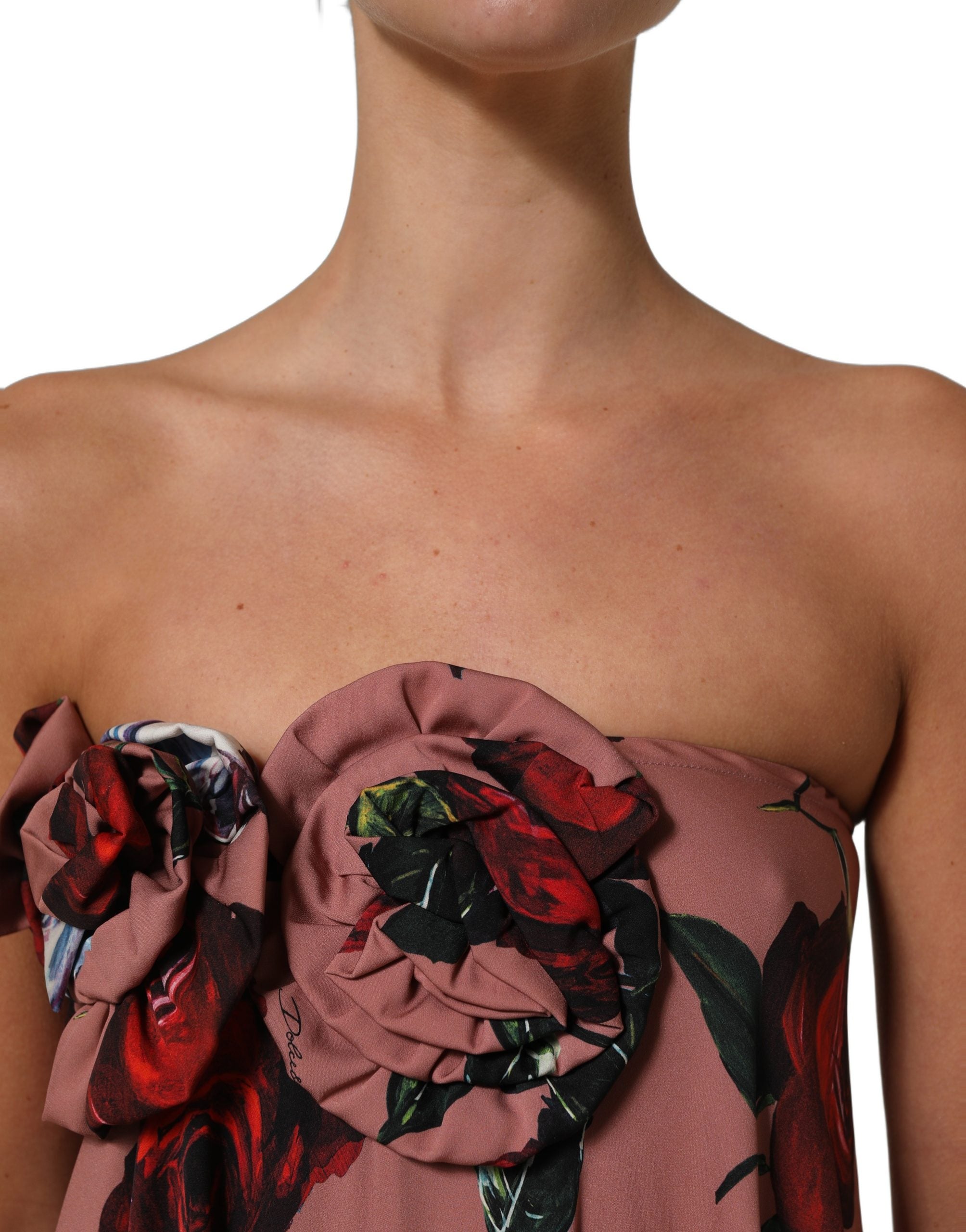 Robe longue en soie rose poussière sans bretelles avec motif floral Dolce & Gabbana, élégante et sophistiquée.