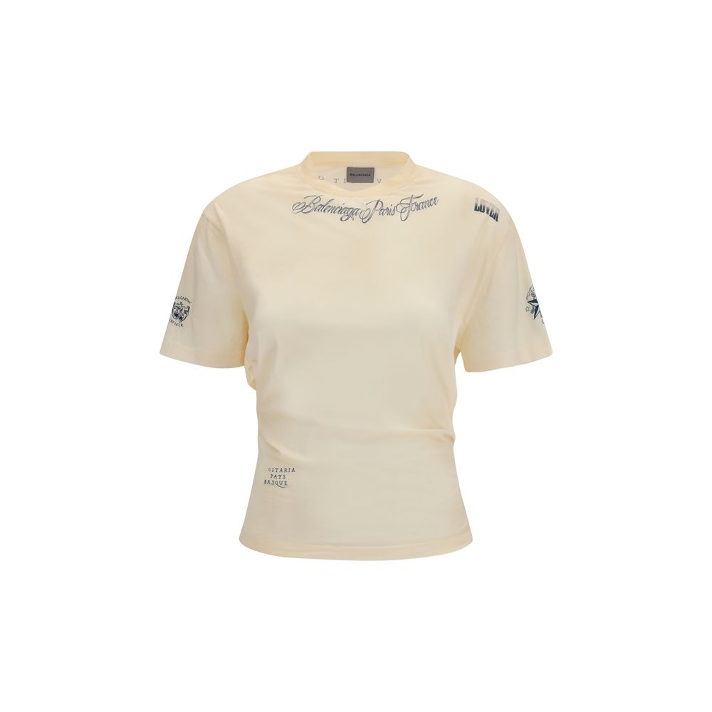 T-shirt beige en coton de Balenciaga, coupe classique, porté sur mannequin, vue de face.