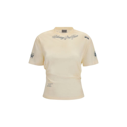 T-shirt beige en coton de Balenciaga, coupe classique, porté sur mannequin, vue de face.
