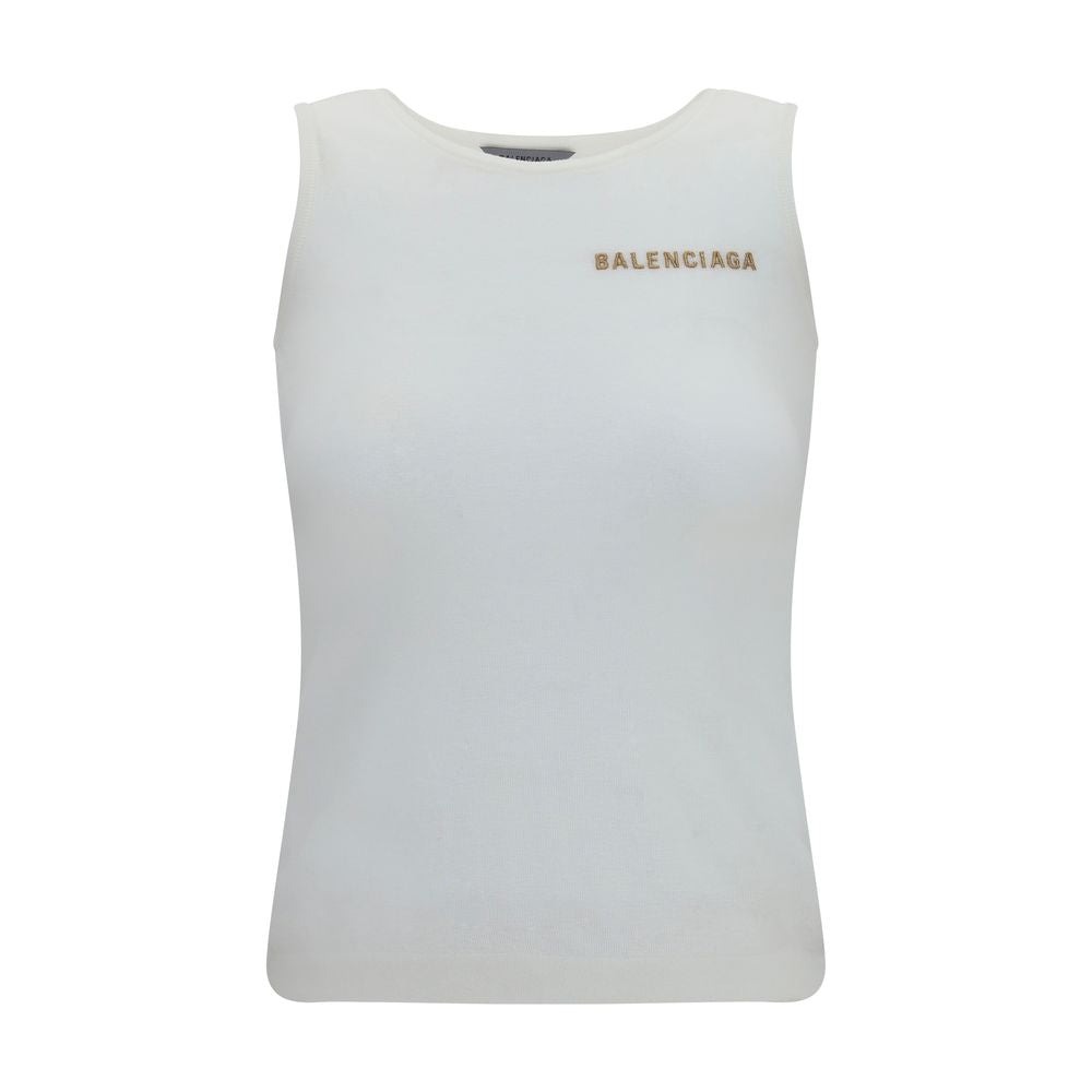 Débardeur en coton blanc de la marque Balenciaga, coupe classique, porté sur mannequin.