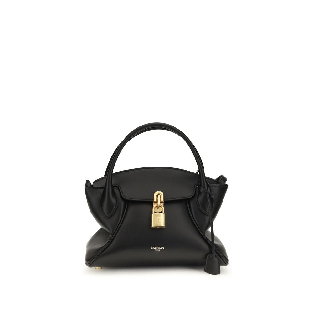 Sac à main Balmain en cuir de veau noir Bos Taurus, avec détails élégants et finition soignée.