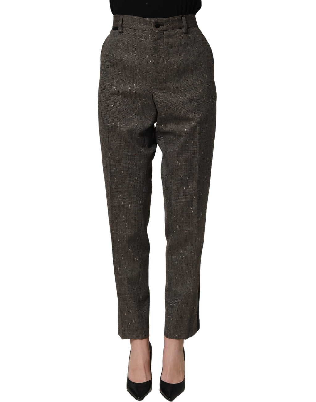 Pantalon Dolce & Gabbana marron foncé taille haute à coupe tapered, vue de face sur un fond neutre.
