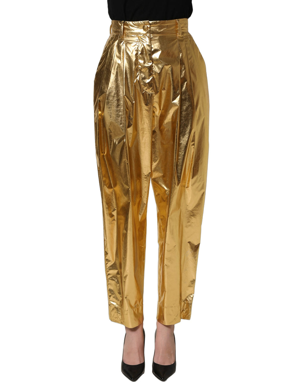 Pantalons en or métallisé Dolce & Gabbana, à taille haute, plis plissés et coupe tapered, vue de face.