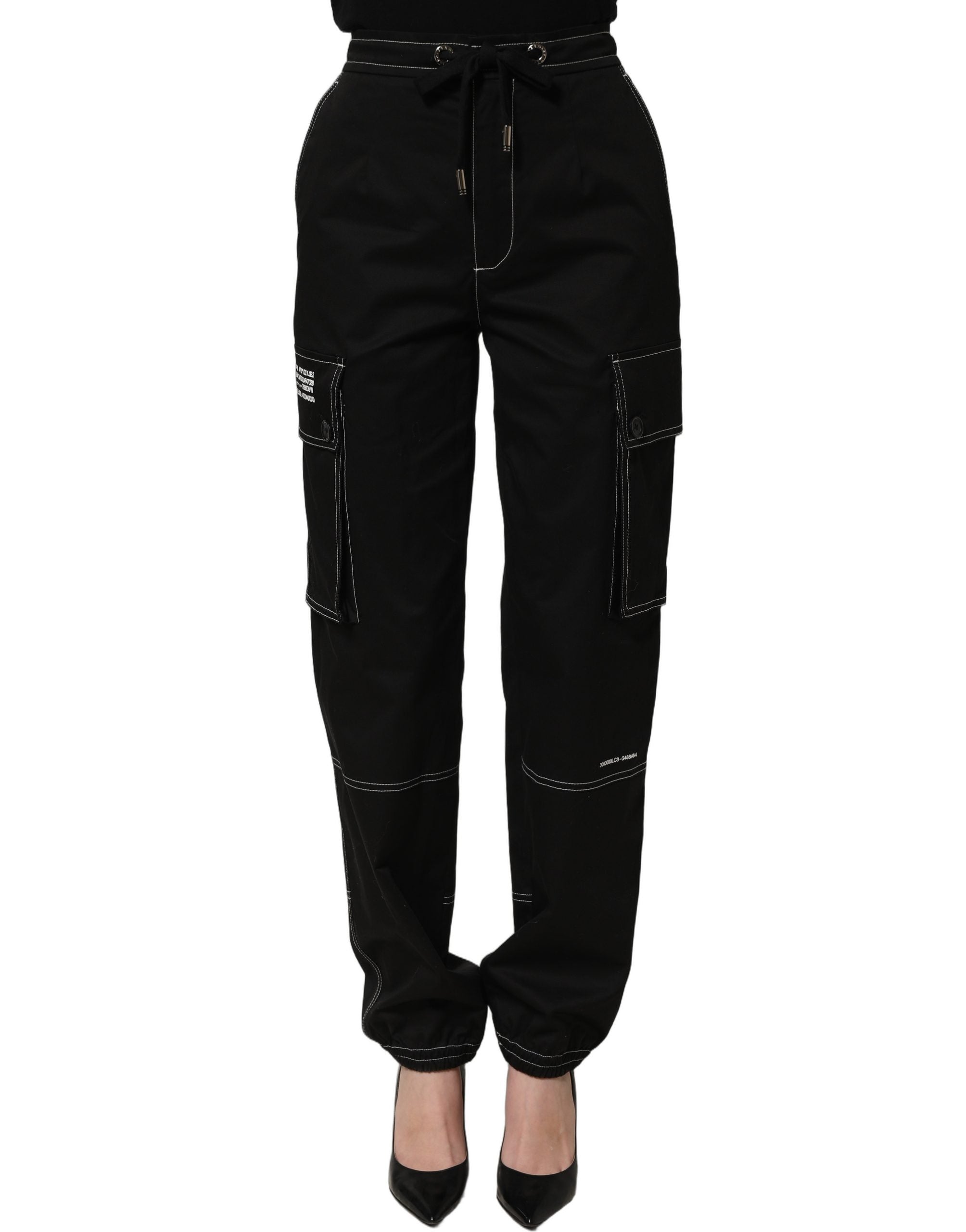 Pantalons cargo noirs Dolce & Gabbana à taille haute, coupe droite, avec détails de style moderne et élégant.